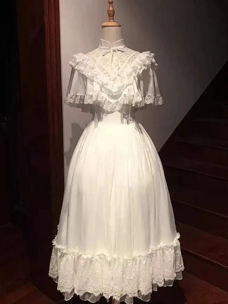 Vintage White Lolita Dress With Cape Shawl Lace Ruffle Bow High Neck Victorian Princess Long Dress Women Elegant Party Dress New