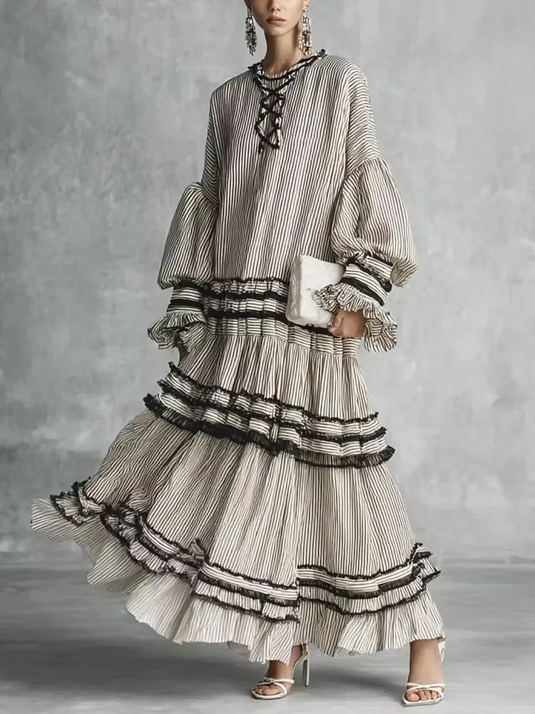 Vintage Striped Maxi Dress Women Front Lace-up O Neck Lantern Sleeve Multi-Layer Ruffle Lace Tiered Hem Loose Casual Long Dress