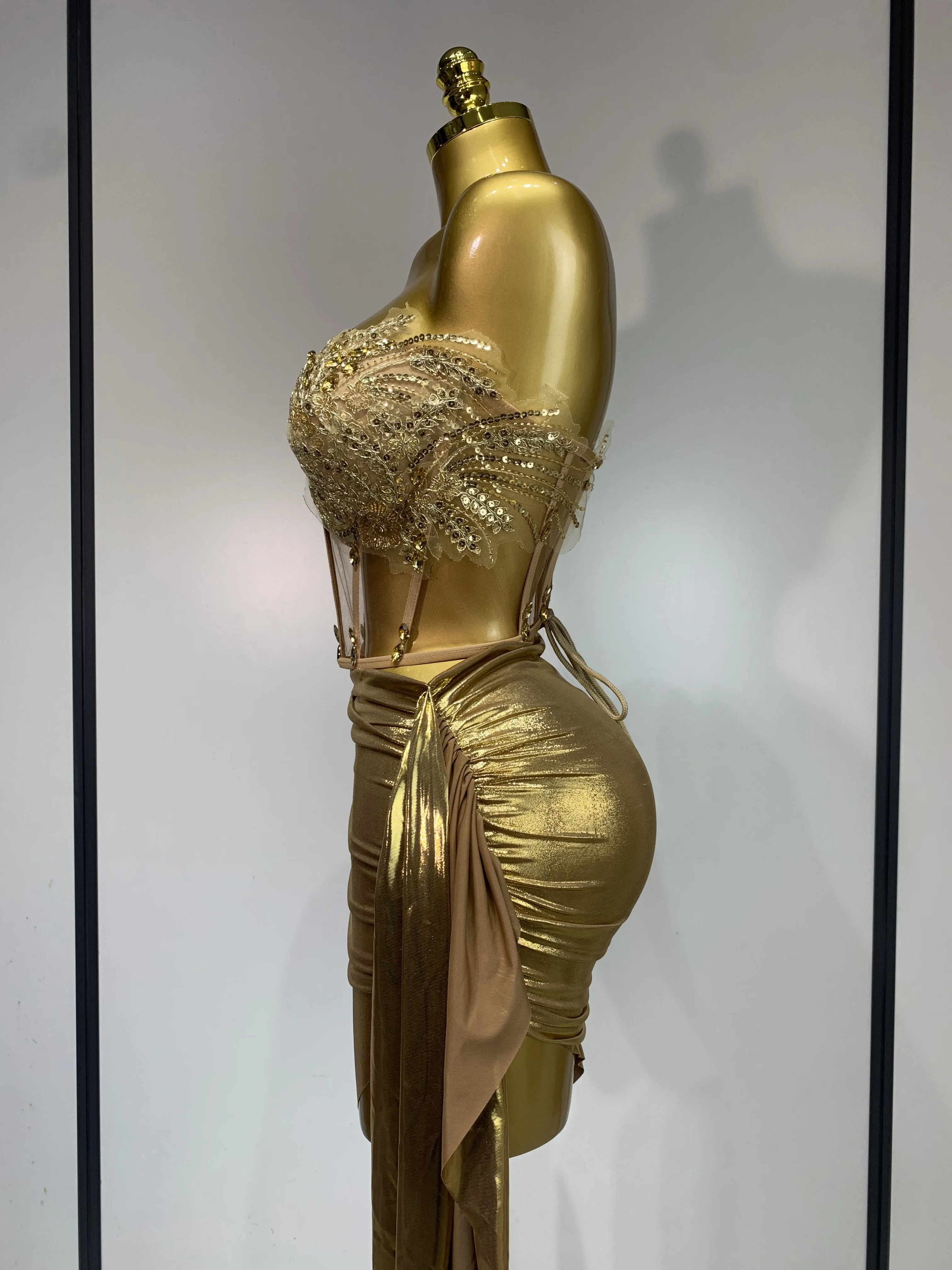 Women Sexy Strapless Sequins Rhinestone Gold Dress Glitter Top Two Pieces Sets Birthday Evening Party Club Singer Stage Outfit