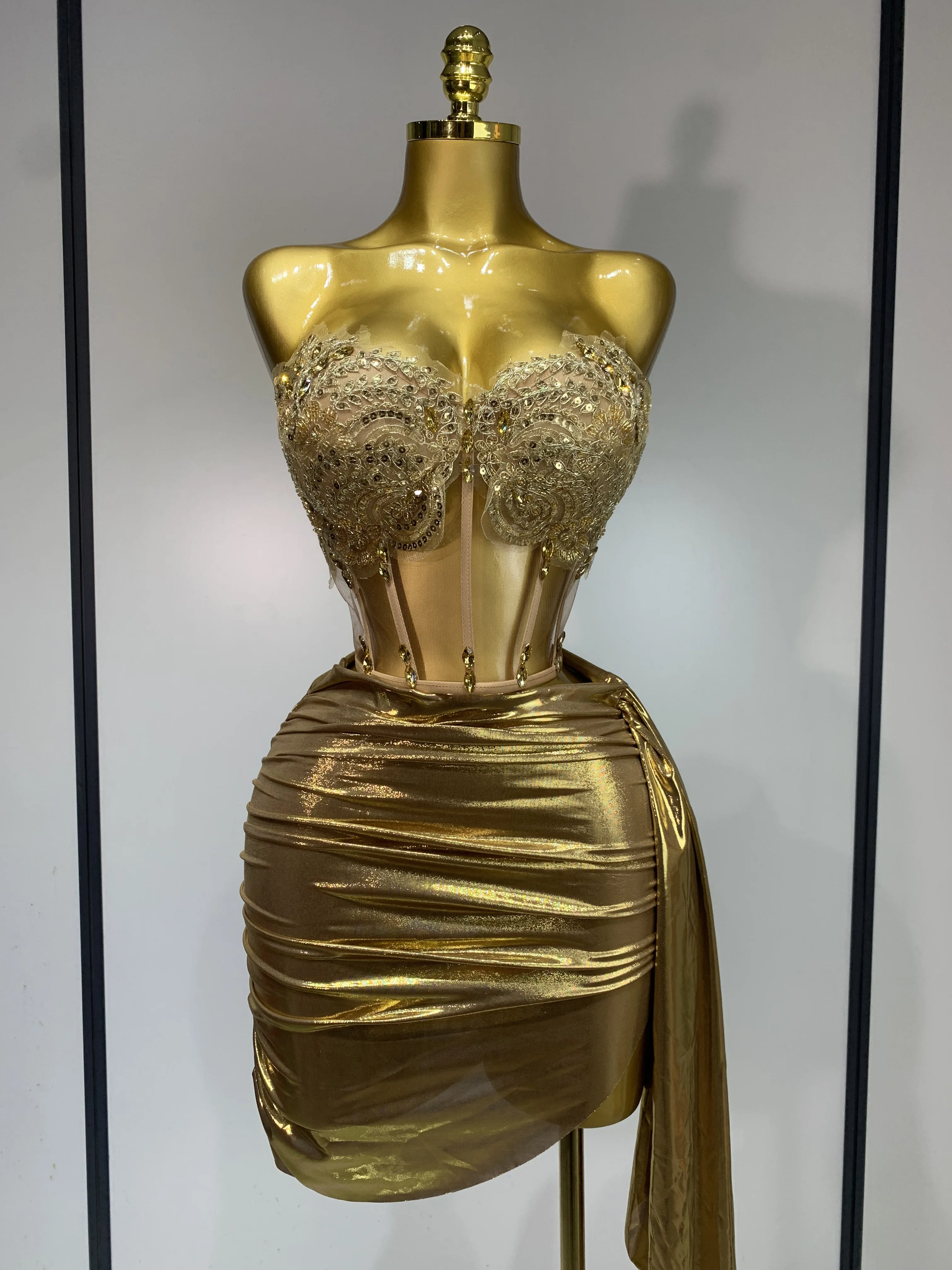 Women Sexy Strapless Sequins Rhinestone Gold Dress Glitter Top Two Pieces Sets Birthday Evening Party Club Singer Stage Outfit