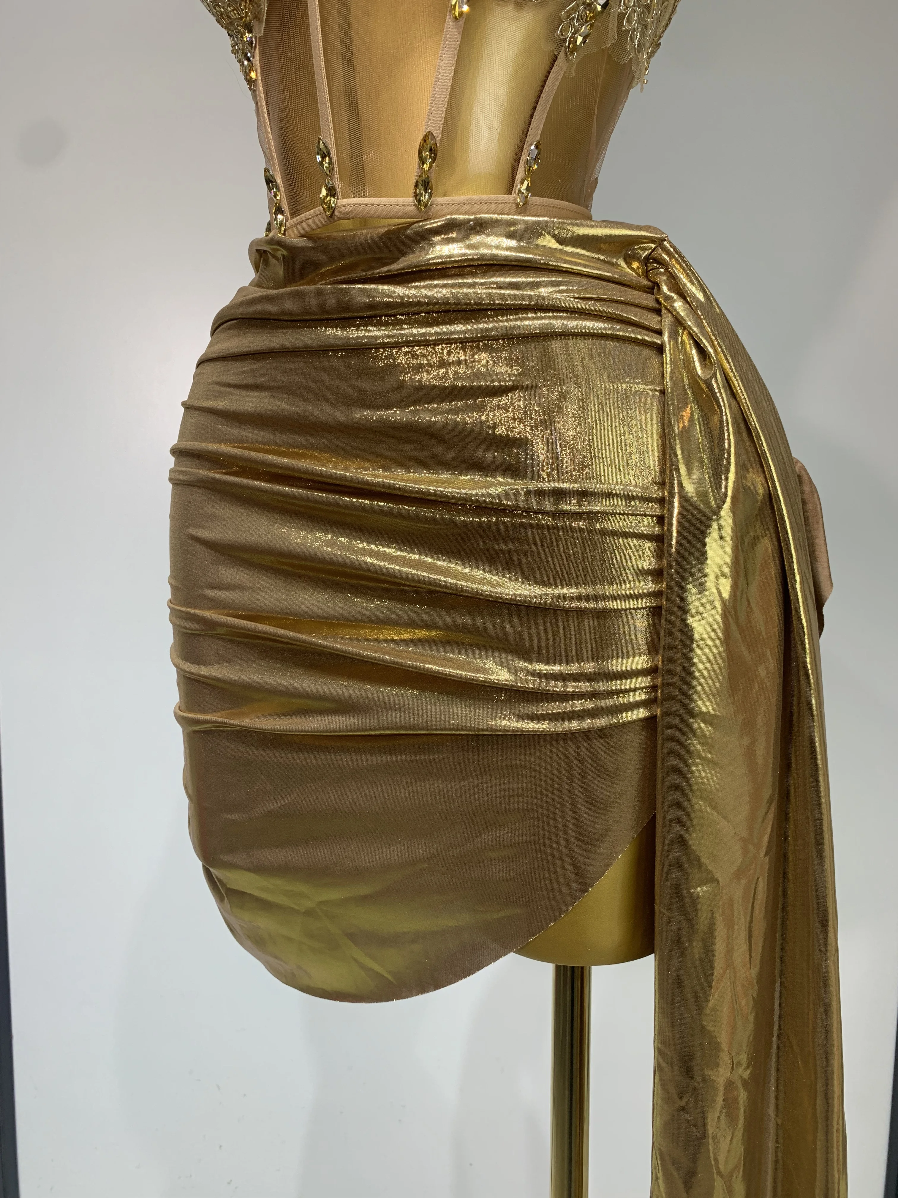 Women Sexy Strapless Sequins Rhinestone Gold Dress Glitter Top Two Pieces Sets Birthday Evening Party Club Singer Stage Outfit