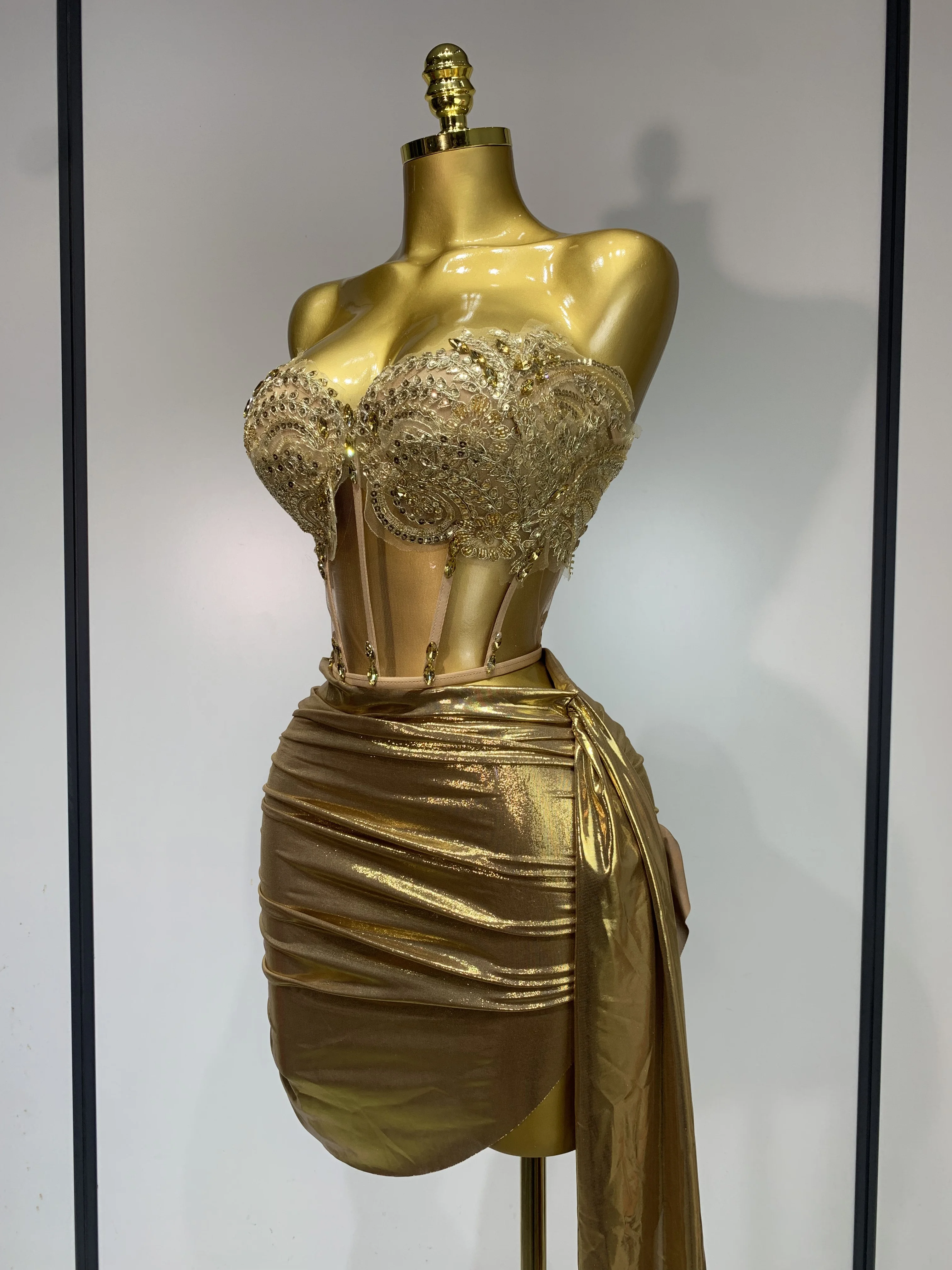 Women Sexy Strapless Sequins Rhinestone Gold Dress Glitter Top Two Pieces Sets Birthday Evening Party Club Singer Stage Outfit