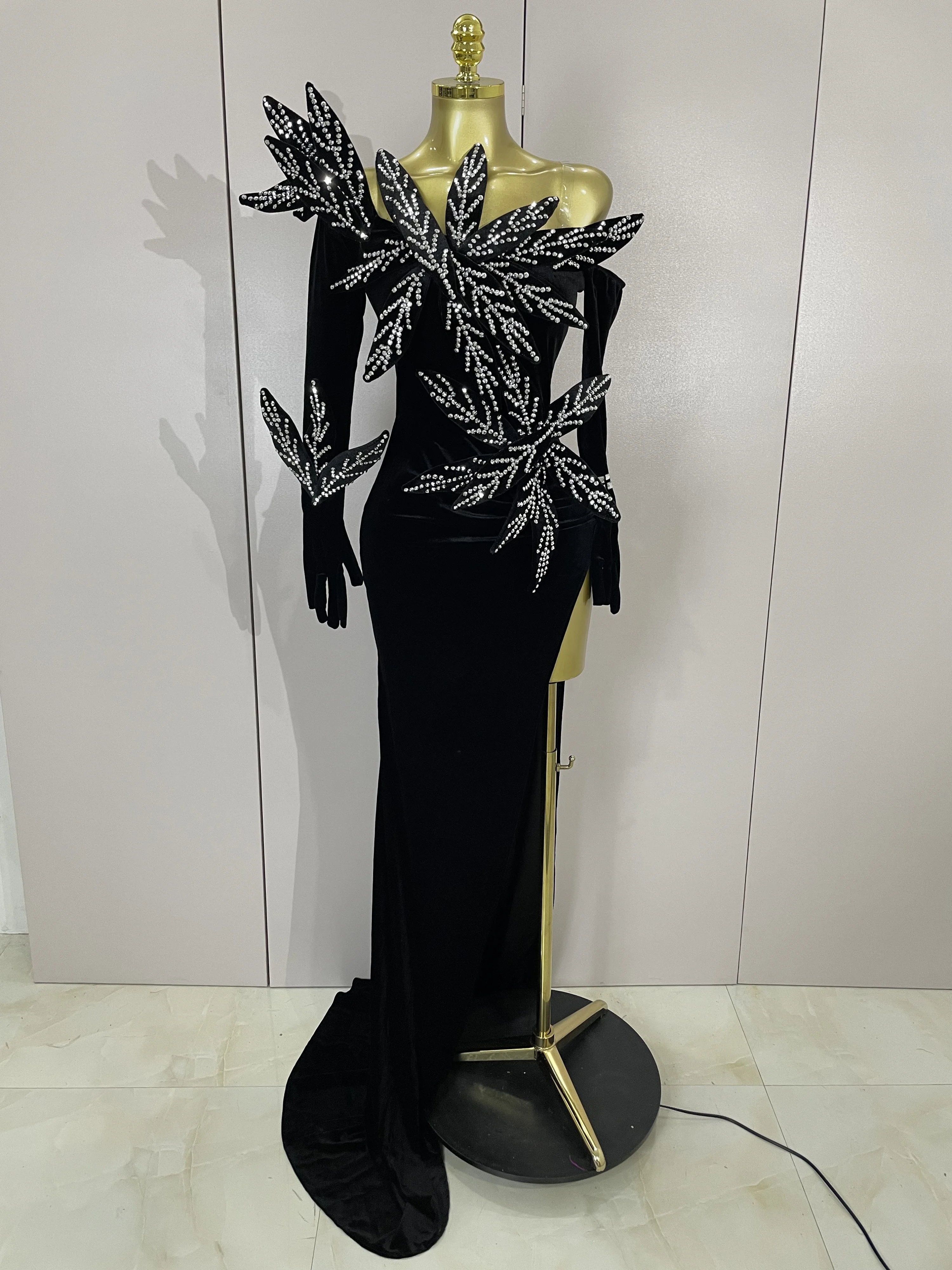 Shiny Diamond Velvet Sexy Side Slit Floor Length Dress With Gloves Women Chic Birthday Banquet Show Host Nightclub Stage Wear