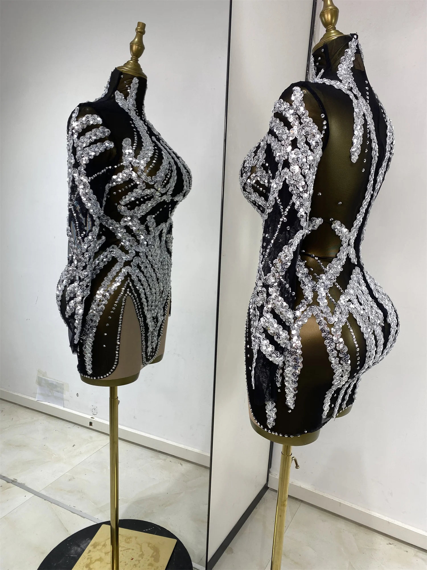 Evening Dress For Women Party Revenge Dress Silver Sequines Rhinestones Black Mesh See Through Bodycon Mini Nightbar Gogo Dress