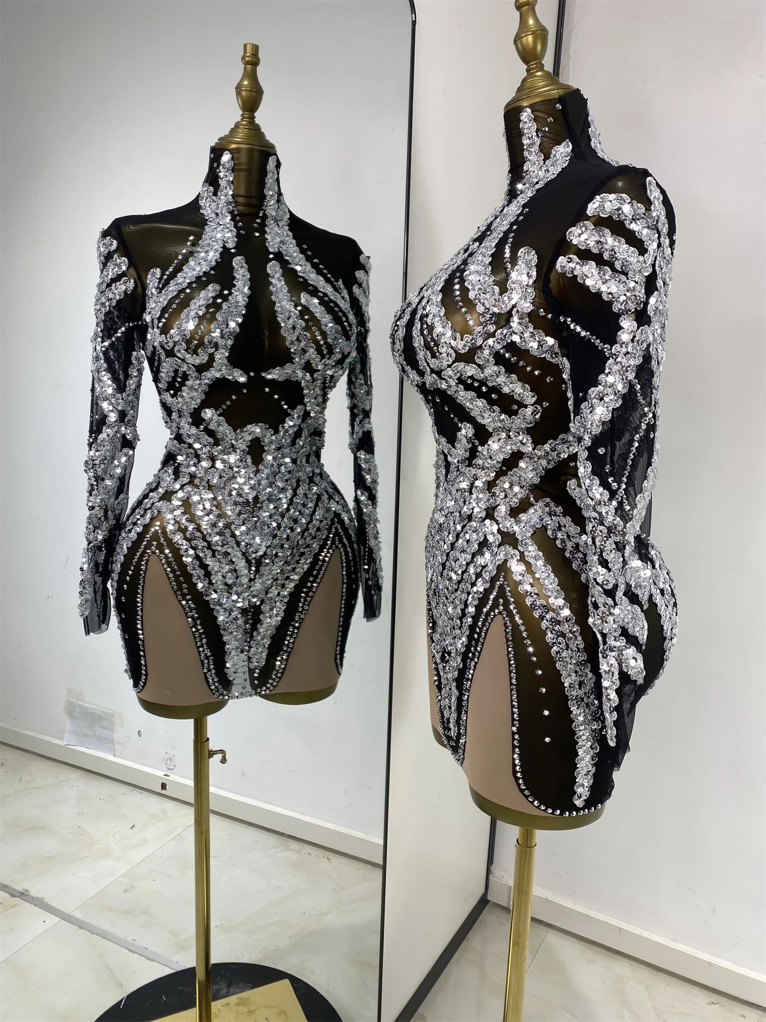Evening Dress For Women Party Revenge Dress Silver Sequines Rhinestones Black Mesh See Through Bodycon Mini Nightbar Gogo Dress