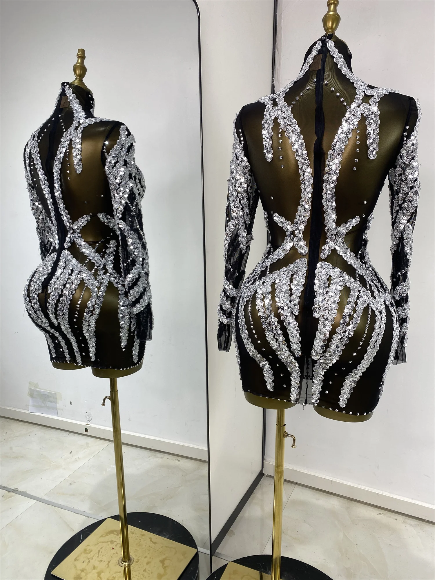 Evening Dress For Women Party Revenge Dress Silver Sequines Rhinestones Black Mesh See Through Bodycon Mini Nightbar Gogo Dress