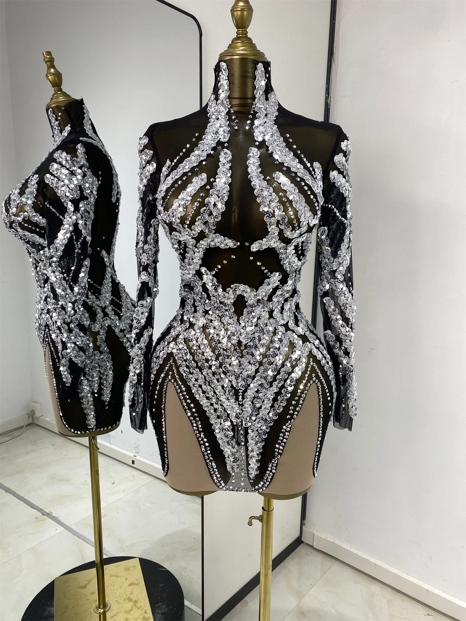 Evening Dress For Women Party Revenge Dress Silver Sequines Rhinestones Black Mesh See Through Bodycon Mini Nightbar Gogo Dress
