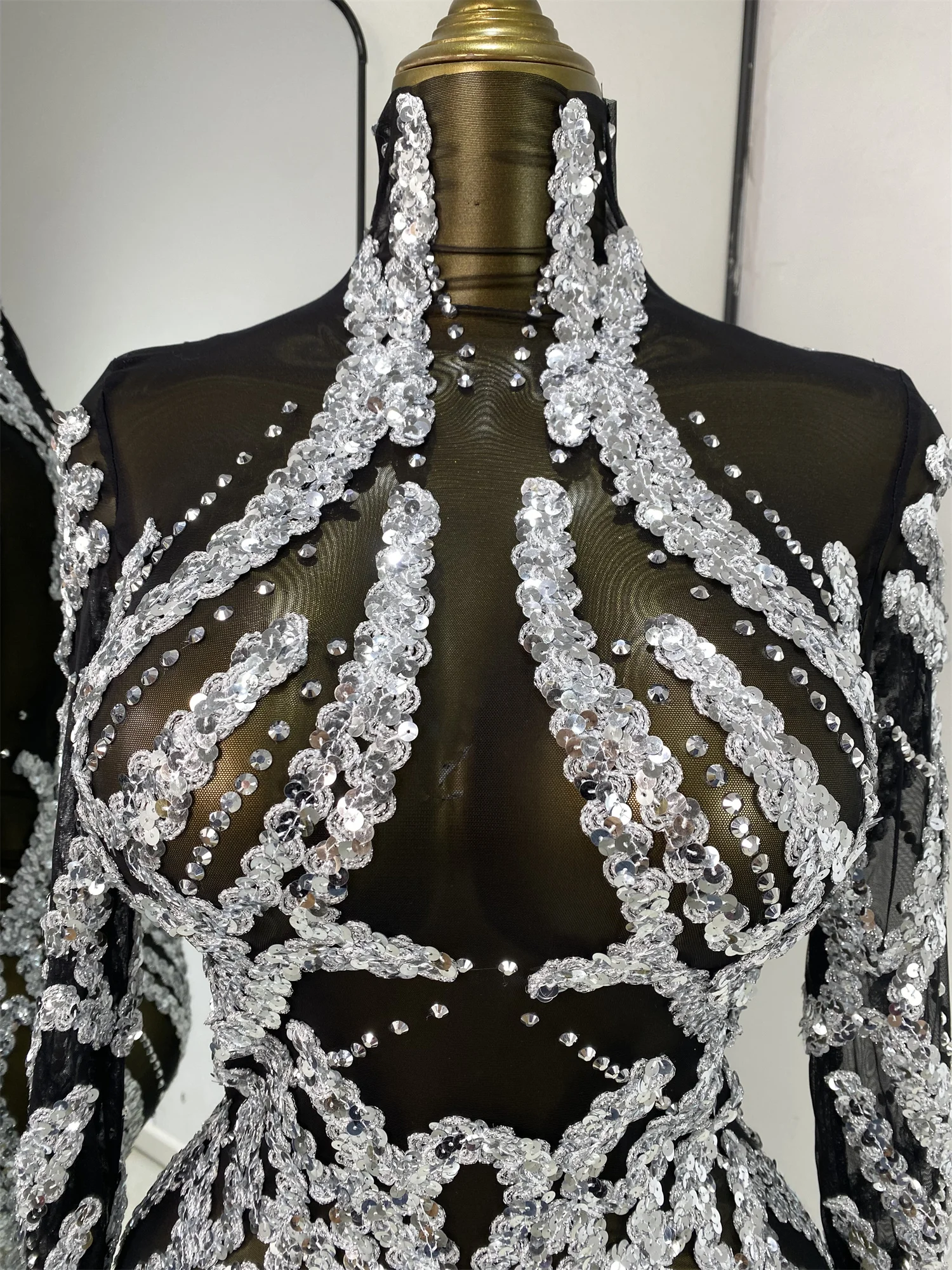 Evening Dress For Women Party Revenge Dress Silver Sequines Rhinestones Black Mesh See Through Bodycon Mini Nightbar Gogo Dress