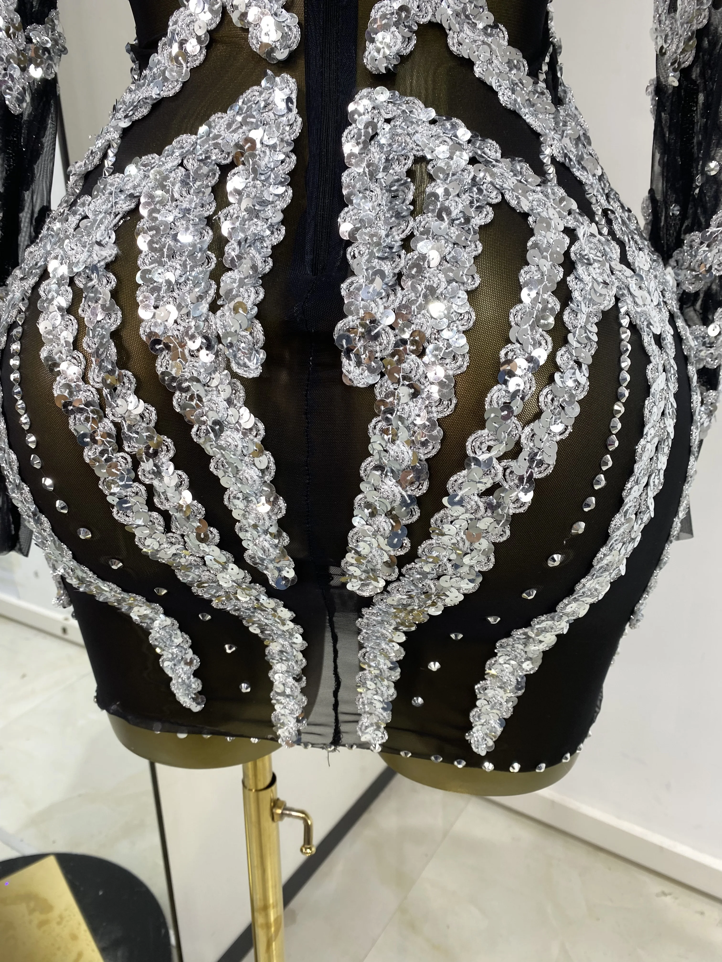 Evening Dress For Women Party Revenge Dress Silver Sequines Rhinestones Black Mesh See Through Bodycon Mini Nightbar Gogo Dress