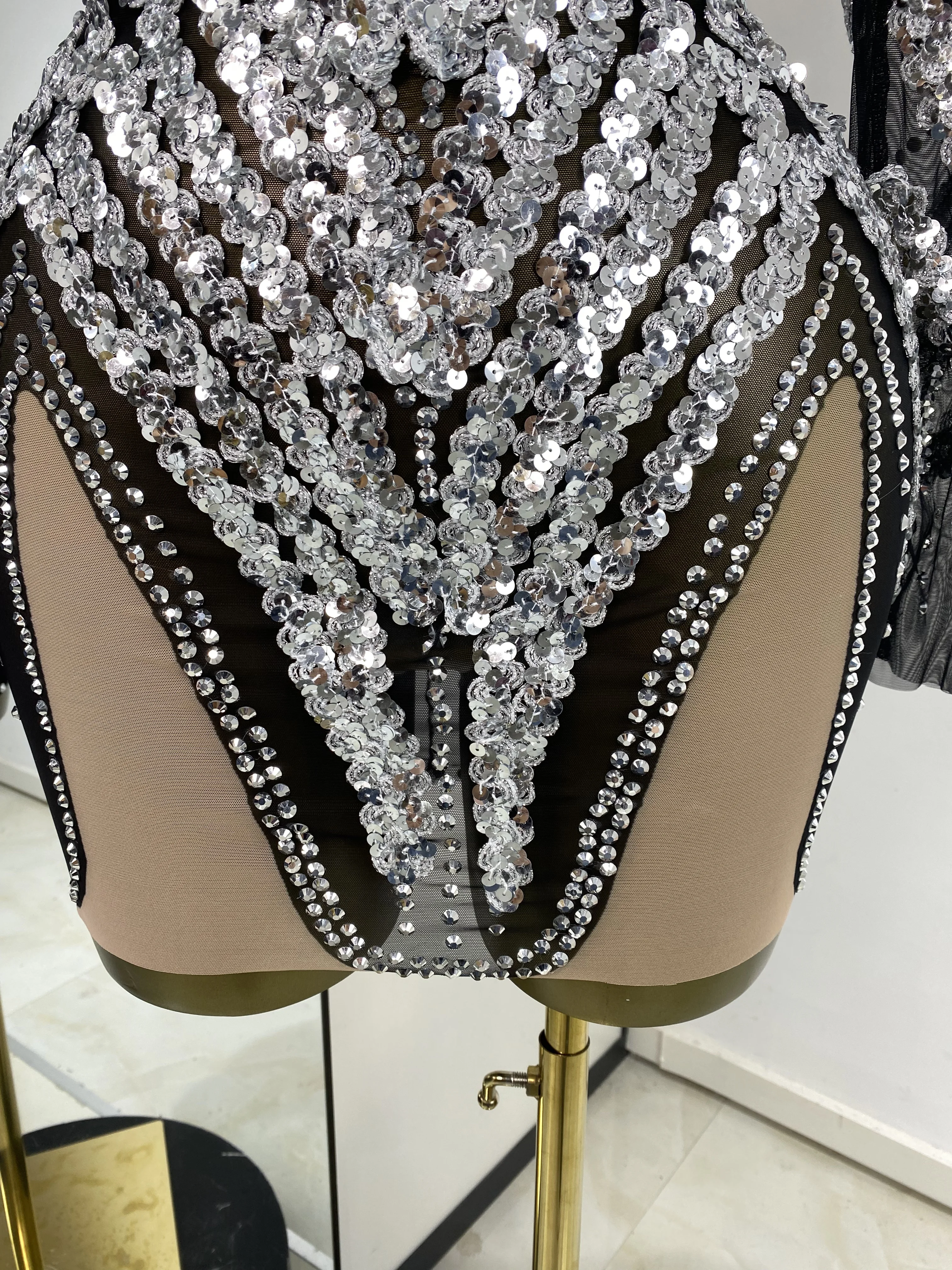 Evening Dress For Women Party Revenge Dress Silver Sequines Rhinestones Black Mesh See Through Bodycon Mini Nightbar Gogo Dress