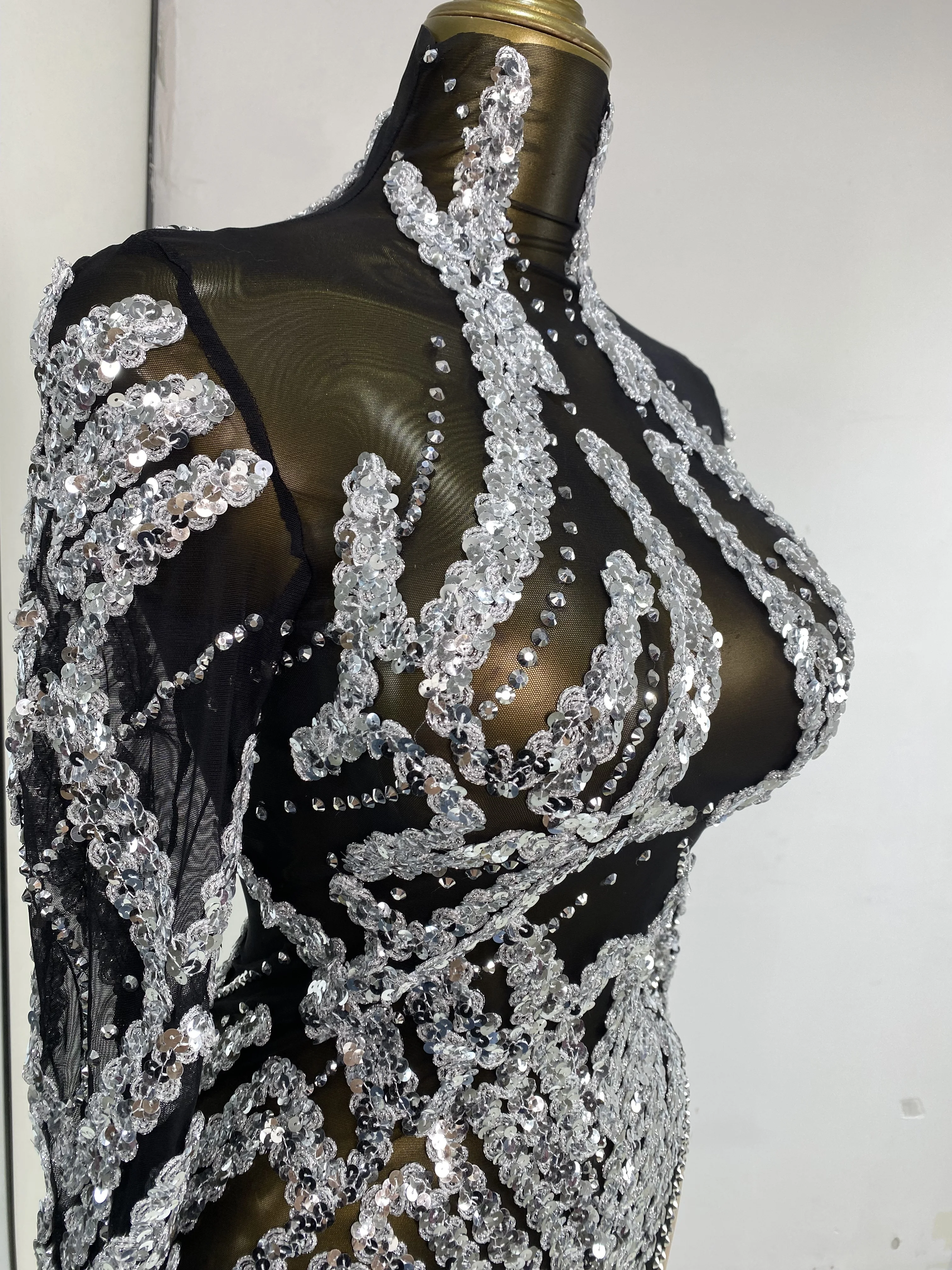 Evening Dress For Women Party Revenge Dress Silver Sequines Rhinestones Black Mesh See Through Bodycon Mini Nightbar Gogo Dress