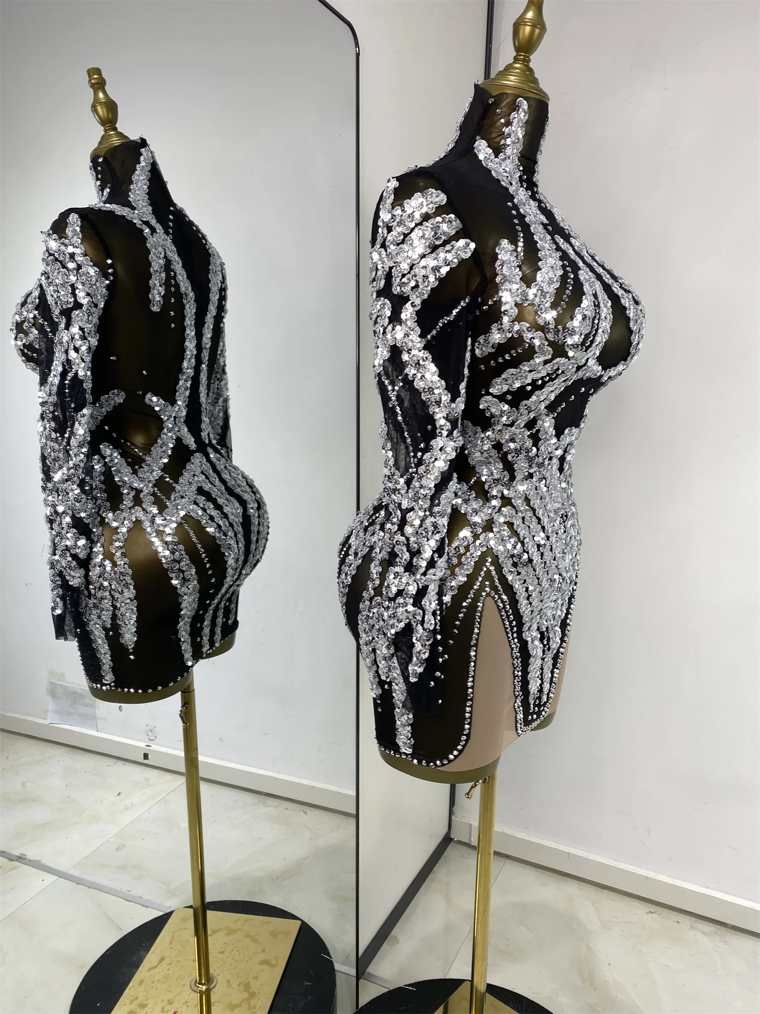 Evening Dress For Women Party Revenge Dress Silver Sequines Rhinestones Black Mesh See Through Bodycon Mini Nightbar Gogo Dress