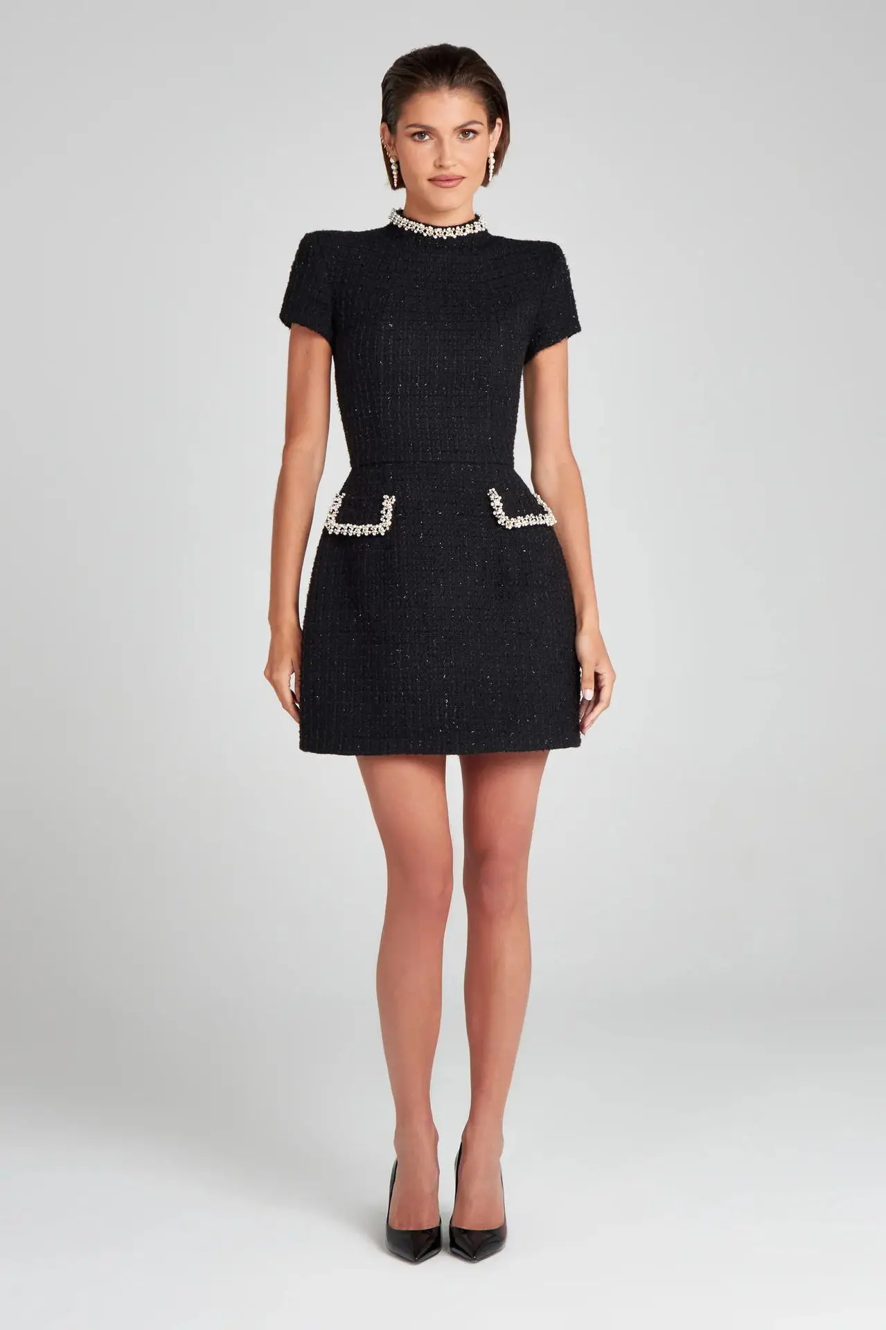 Tosssy Shiny Elegant Female MIni Dress Pocket Short Sleeve Patchwork Fashion Slim Party Dress Gown Women's Glitter Vntage Dress