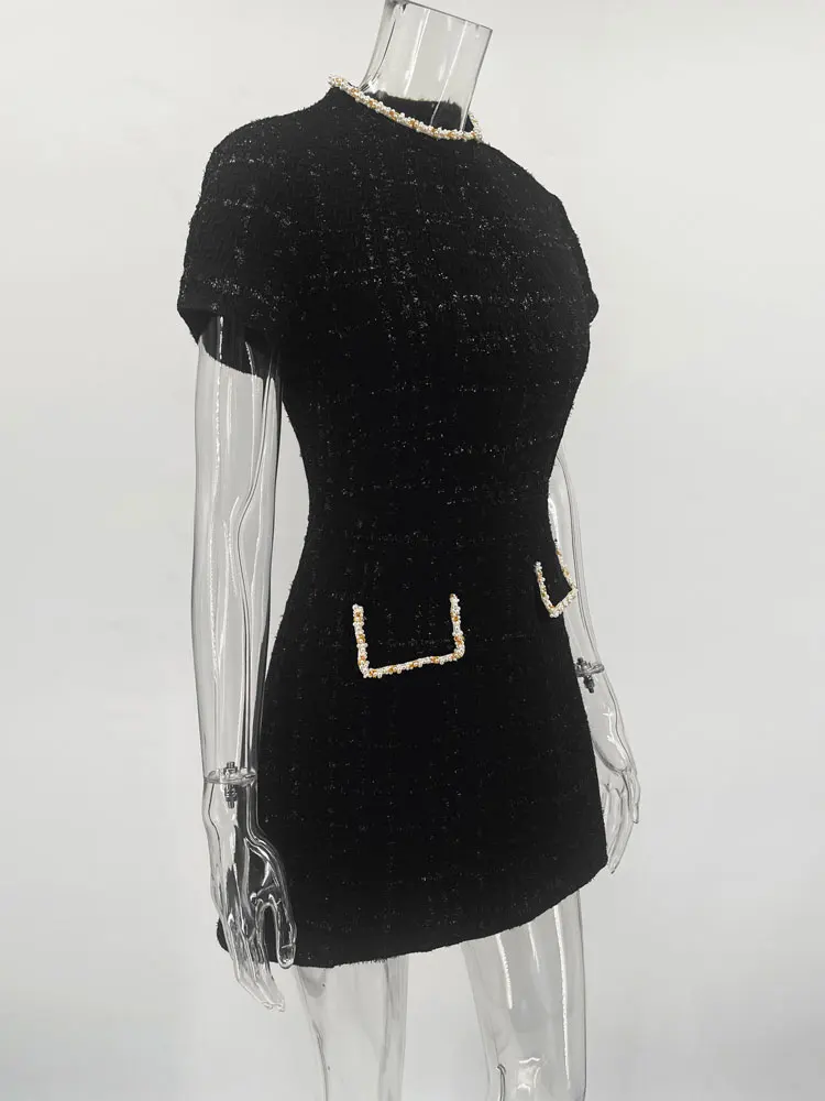 Tosssy Shiny Elegant Female MIni Dress Pocket Short Sleeve Patchwork Fashion Slim Party Dress Gown Women's Glitter Vntage Dress