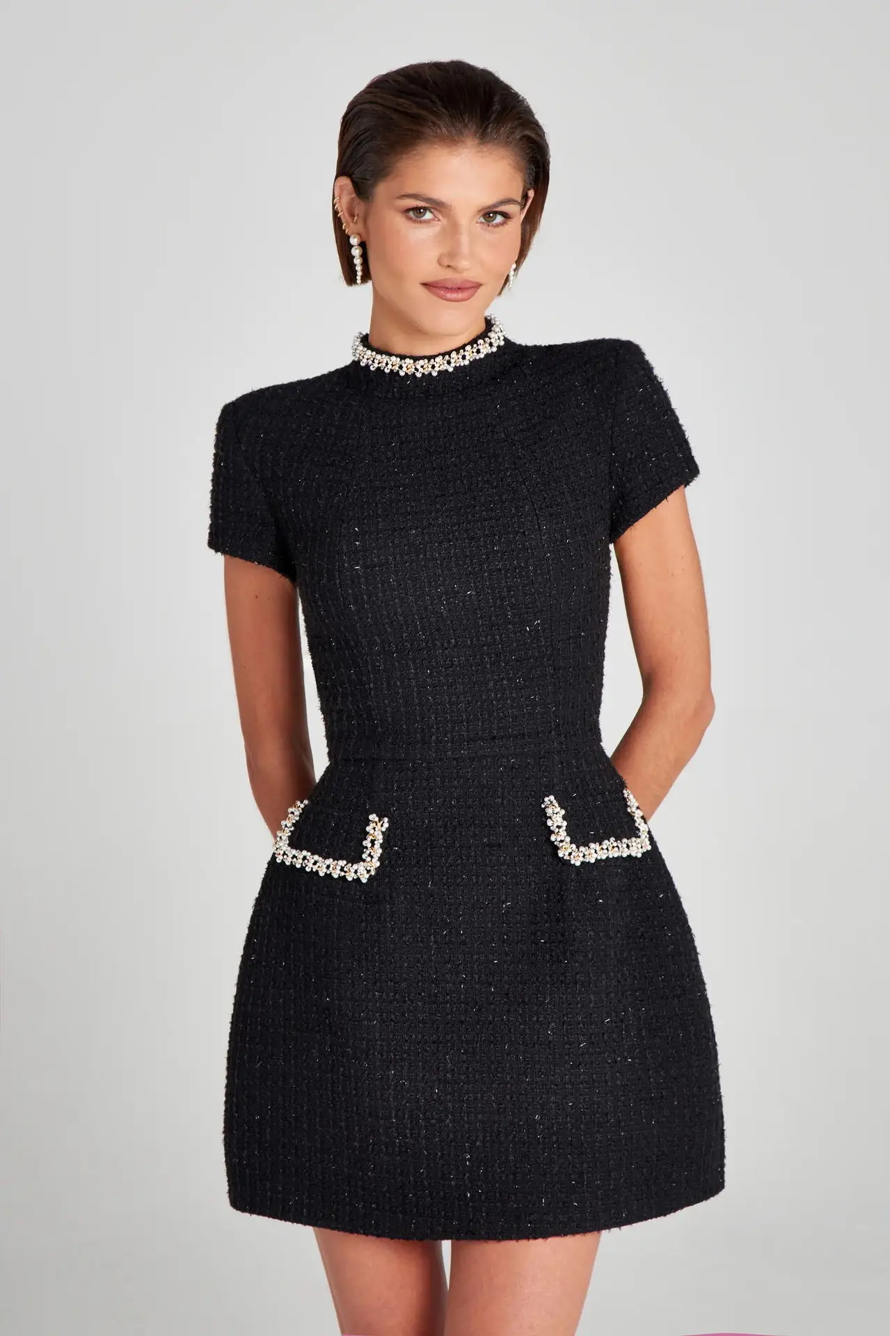 Tosssy Shiny Elegant Female MIni Dress Pocket Short Sleeve Patchwork Fashion Slim Party Dress Gown Women's Glitter Vntage Dress