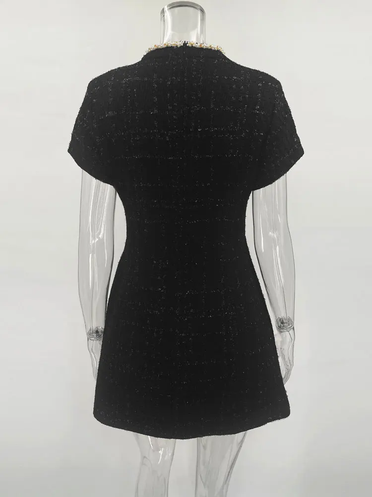 Tosssy Shiny Elegant Female MIni Dress Pocket Short Sleeve Patchwork Fashion Slim Party Dress Gown Women's Glitter Vntage Dress
