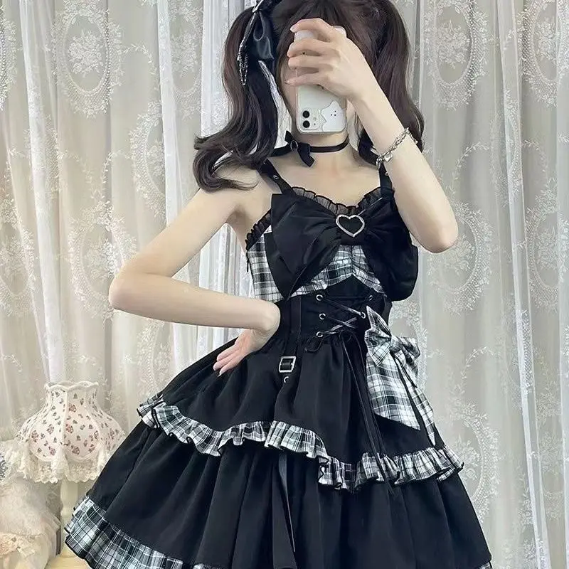 Gothic Sweet Floral Strap Lolita Dress Women Causal Y2k Party Midi Dress Beach Bow Kawaii Clothing One Piece New Dress Punk 2025