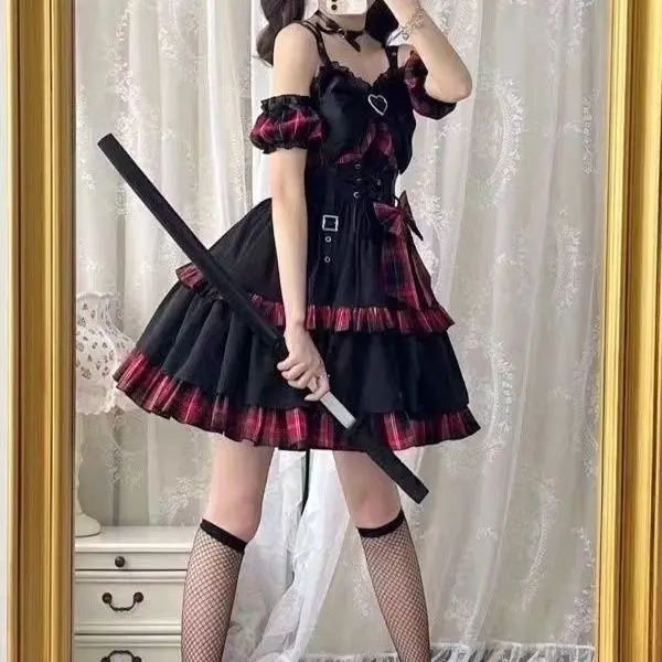 Gothic Sweet Floral Strap Lolita Dress Women Causal Y2k Party Midi Dress Beach Bow Kawaii Clothing One Piece New Dress Punk 2025