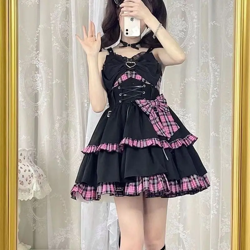 Gothic Sweet Floral Strap Lolita Dress Women Causal Y2k Party Midi Dress Beach Bow Kawaii Clothing One Piece New Dress Punk 2025