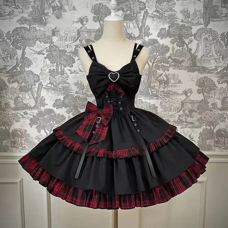 Gothic Sweet Floral Strap Lolita Dress Women Causal Y2k Party Midi Dress Beach Bow Kawaii Clothing One Piece New Dress Punk 2025
