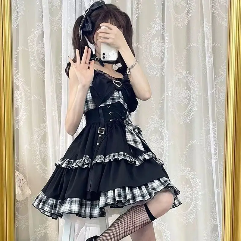 Gothic Sweet Floral Strap Lolita Dress Women Causal Y2k Party Midi Dress Beach Bow Kawaii Clothing One Piece New Dress Punk 2025