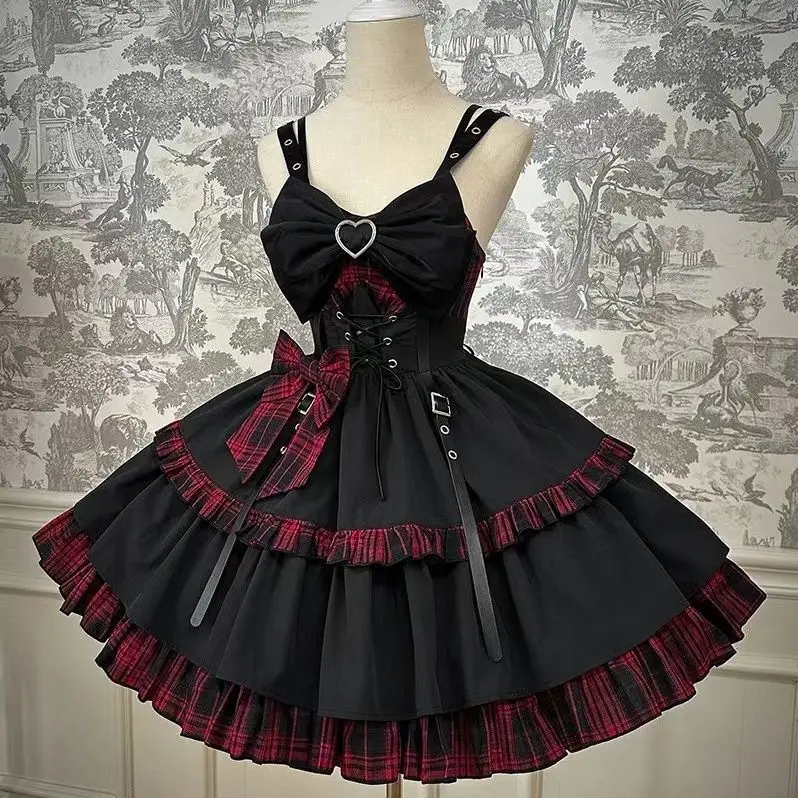 Gothic Sweet Floral Strap Lolita Dress Women Causal Y2k Party Midi Dress Beach Bow Kawaii Clothing One Piece New Dress Punk 2025