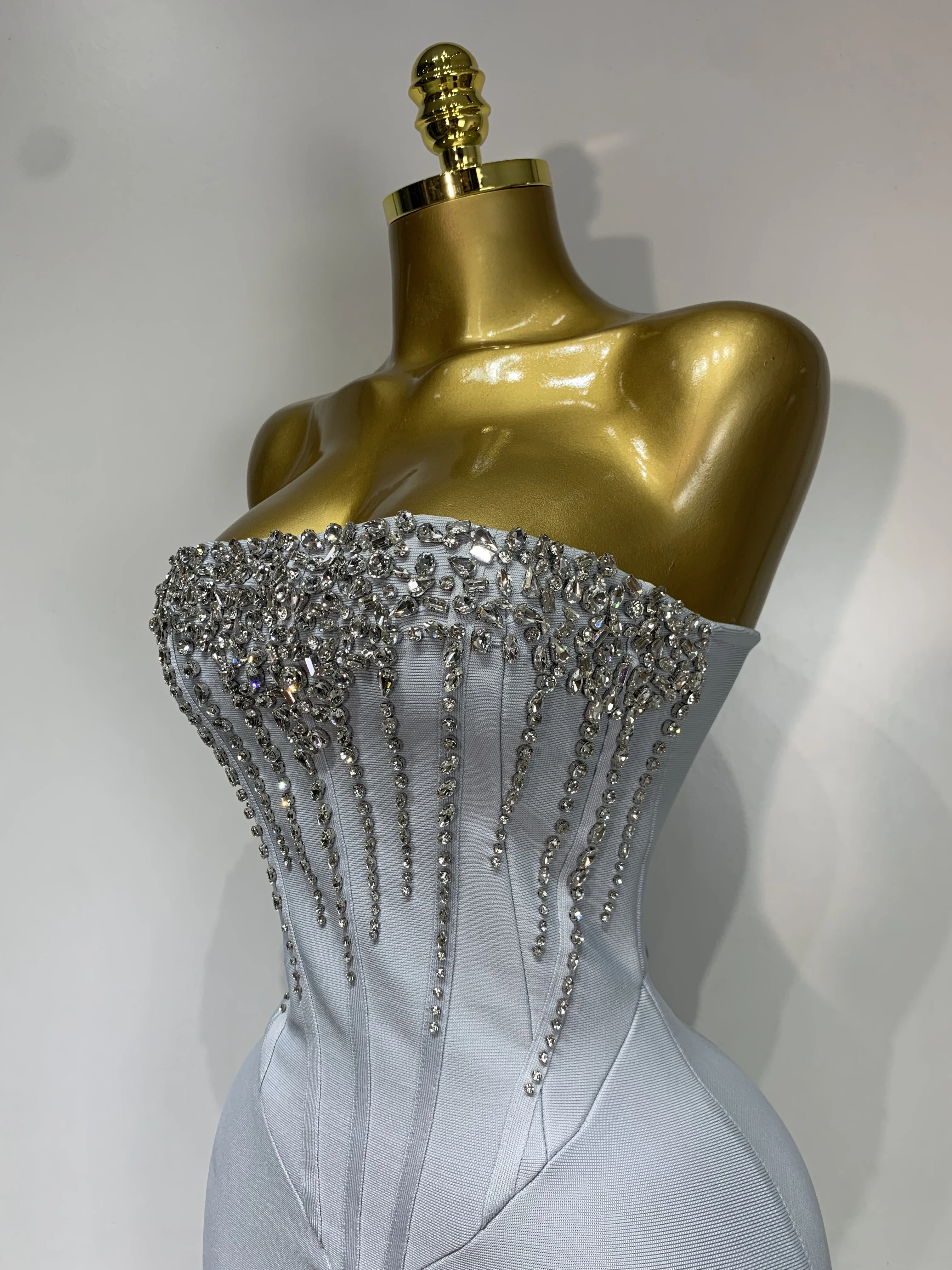 Women Sexy Strapless Backless Long Bandage Dress Fashion Light Grey Sleeveless Beading Cocktail Party Luxury Birthday Gown
