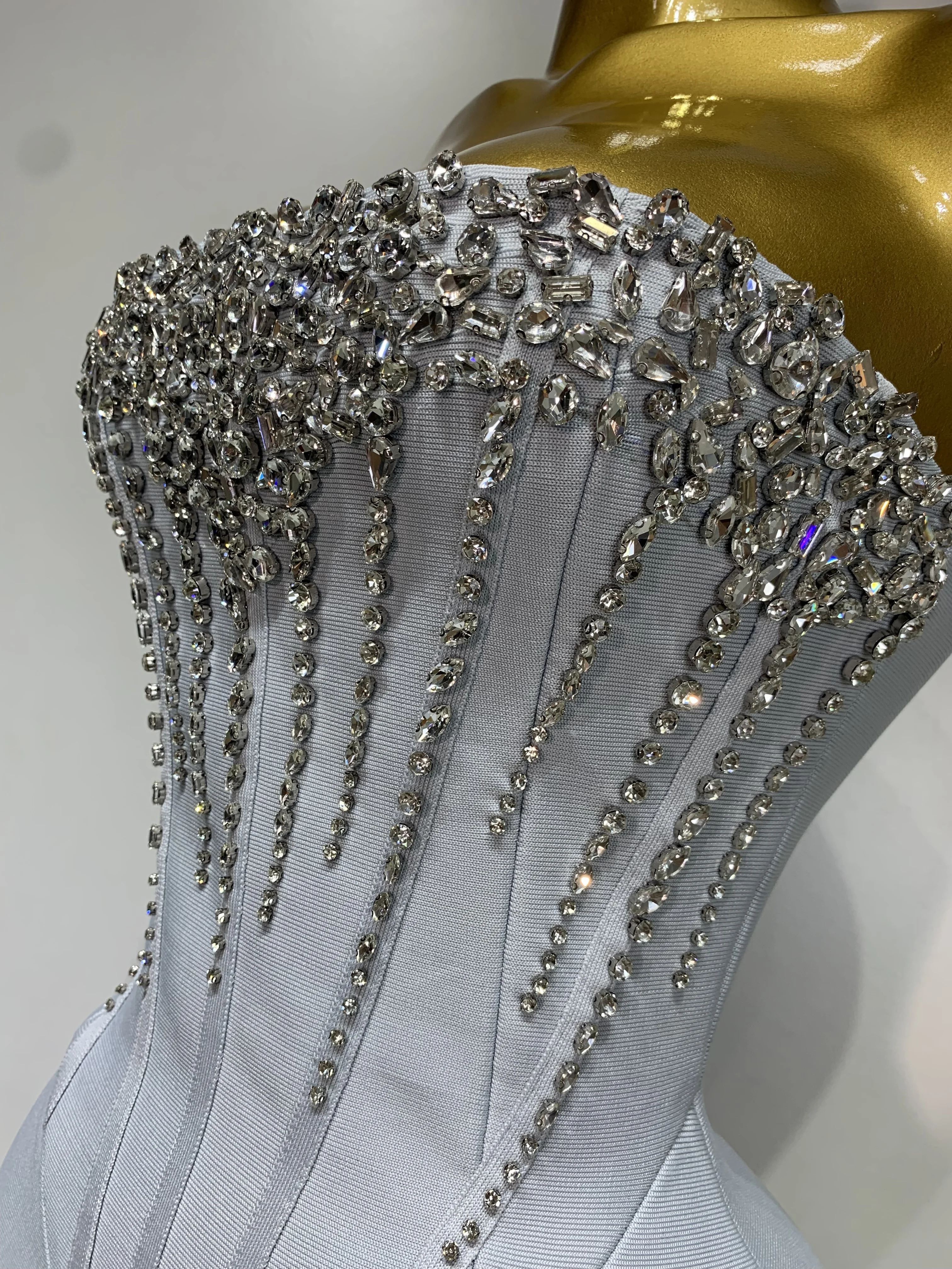 Women Sexy Strapless Backless Long Bandage Dress Fashion Light Grey Sleeveless Beading Cocktail Party Luxury Birthday Gown