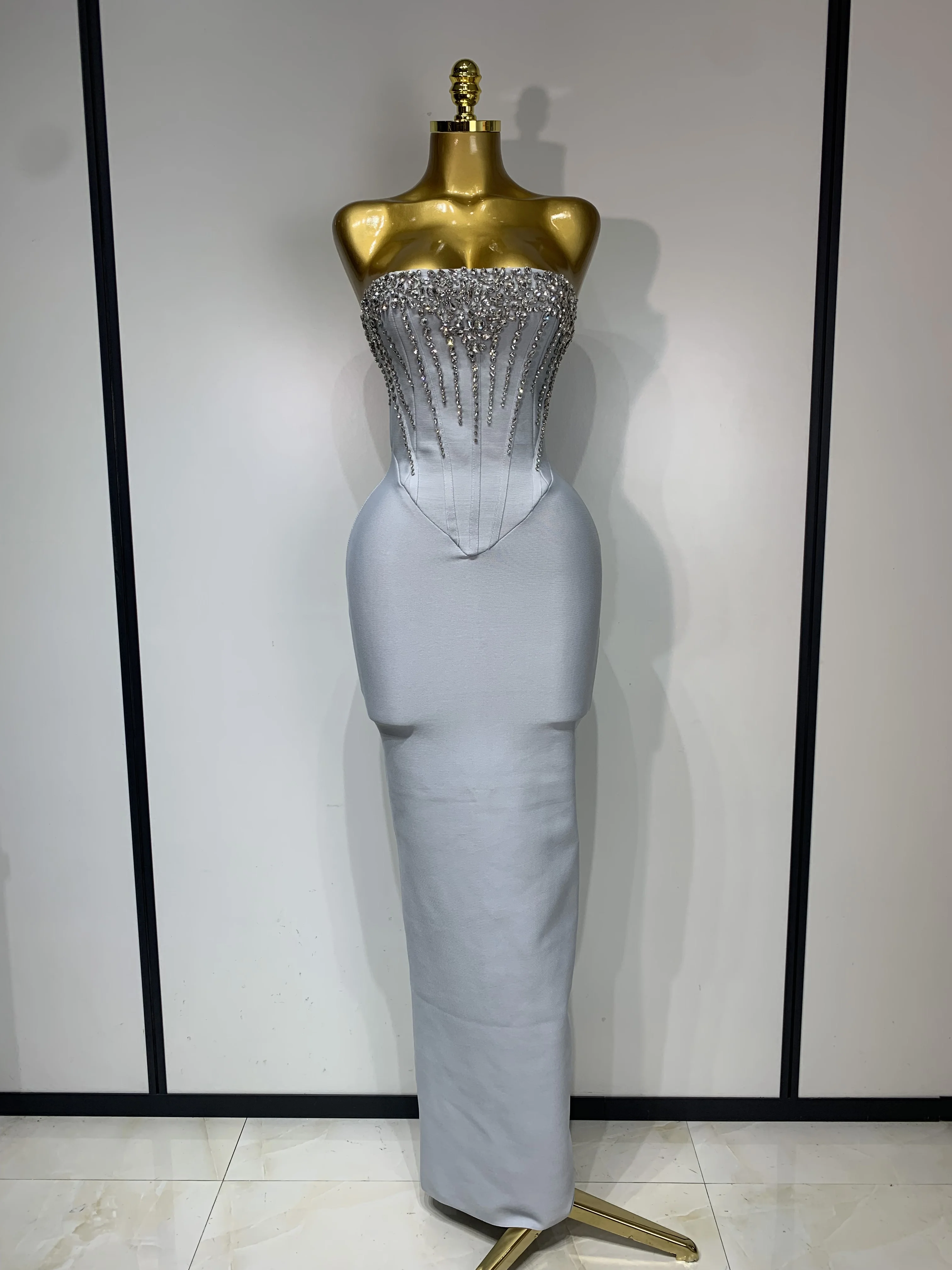 Women Sexy Strapless Backless Long Bandage Dress Fashion Light Grey Sleeveless Beading Cocktail Party Luxury Birthday Gown