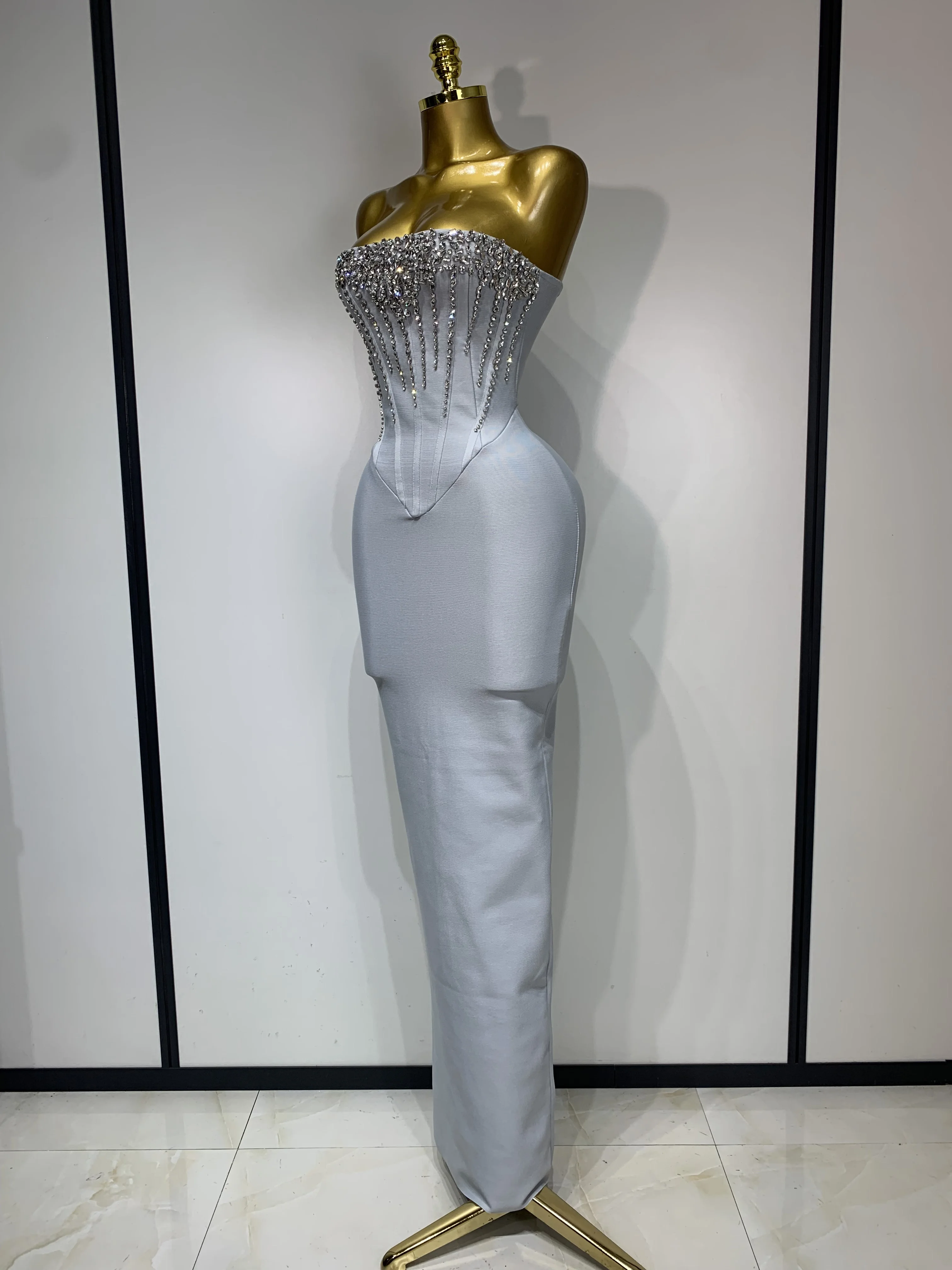Women Sexy Strapless Backless Long Bandage Dress Fashion Light Grey Sleeveless Beading Cocktail Party Luxury Birthday Gown