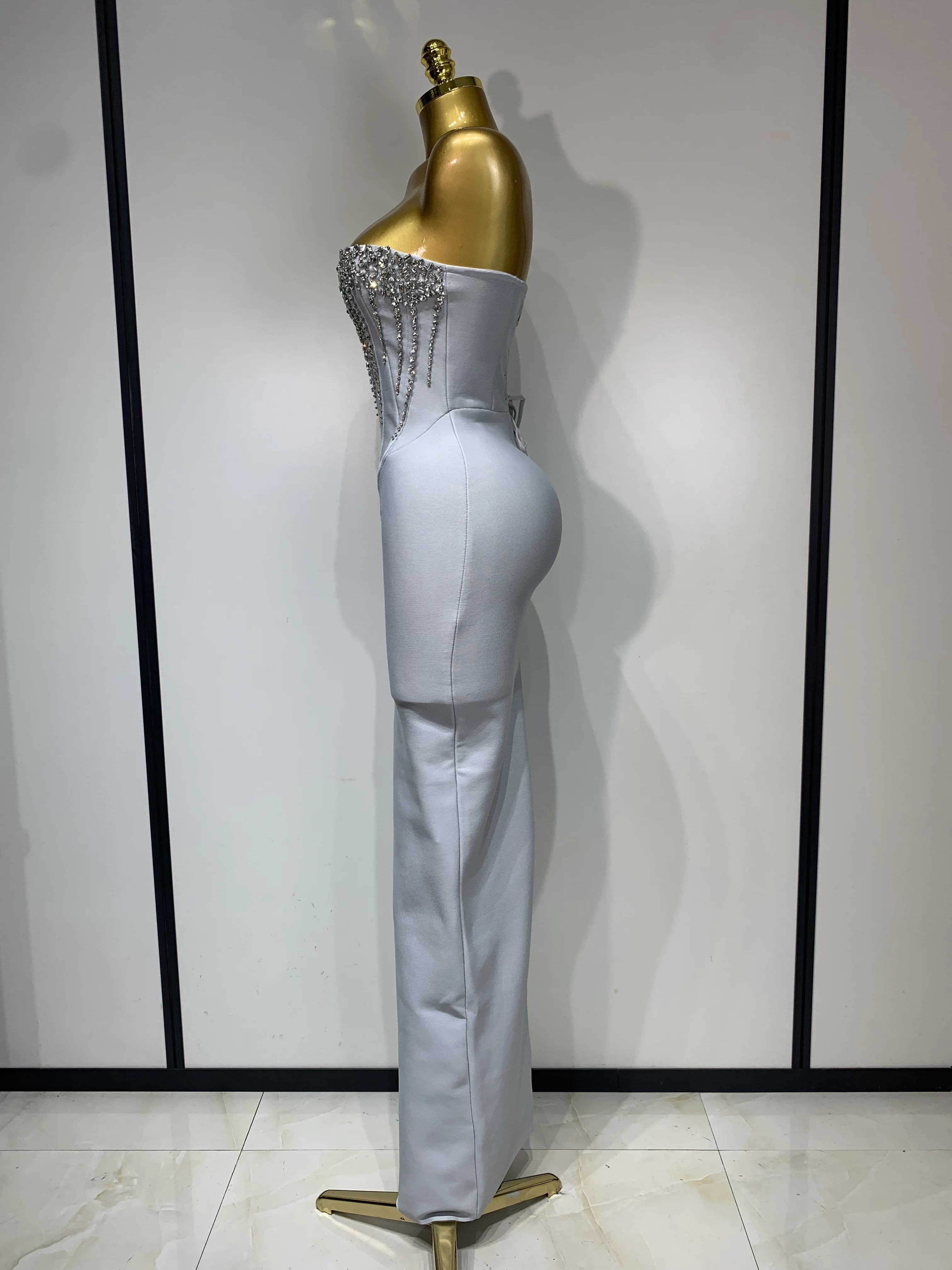 Women Sexy Strapless Backless Long Bandage Dress Fashion Light Grey Sleeveless Beading Cocktail Party Luxury Birthday Gown