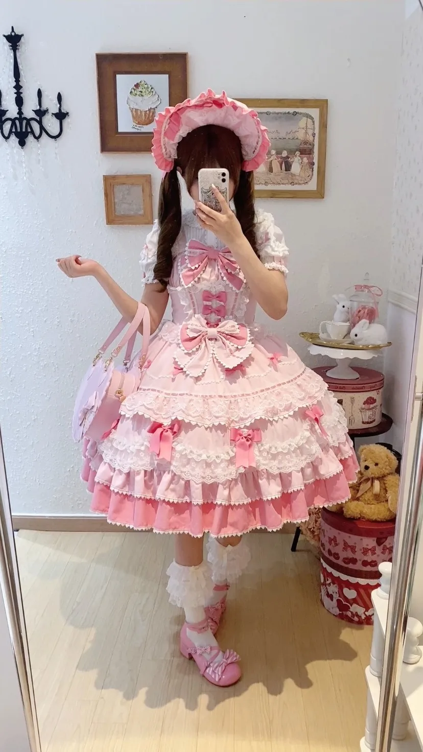 Japanese Style Lolita Strap Dress Women Sleeveless Cute Bow Lace Elegant Sweet Fairy Cosplay Party Daily Casual JSK Dresses
