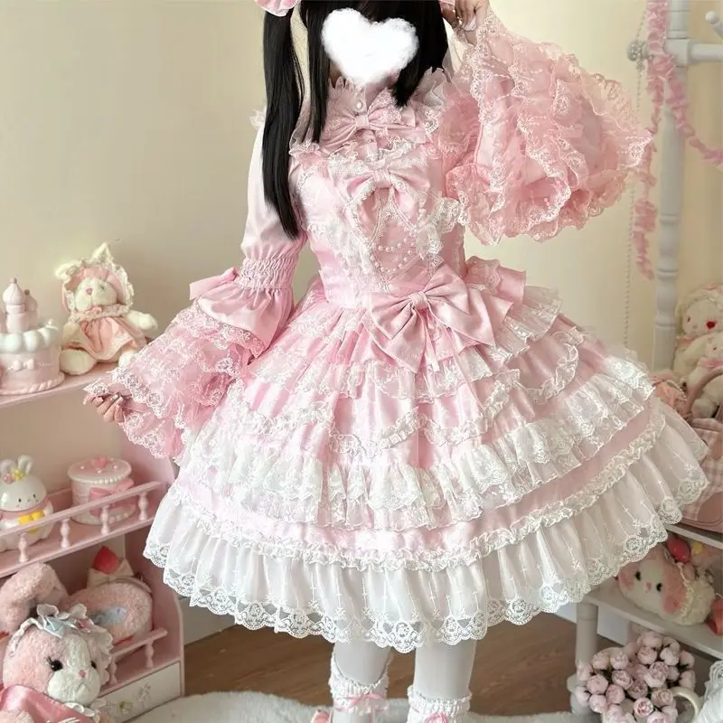 Japanese Style Lolita Strap Dress Women Sleeveless Cute Bow Lace Elegant Sweet Fairy Cosplay Party Daily Casual JSK Dresses