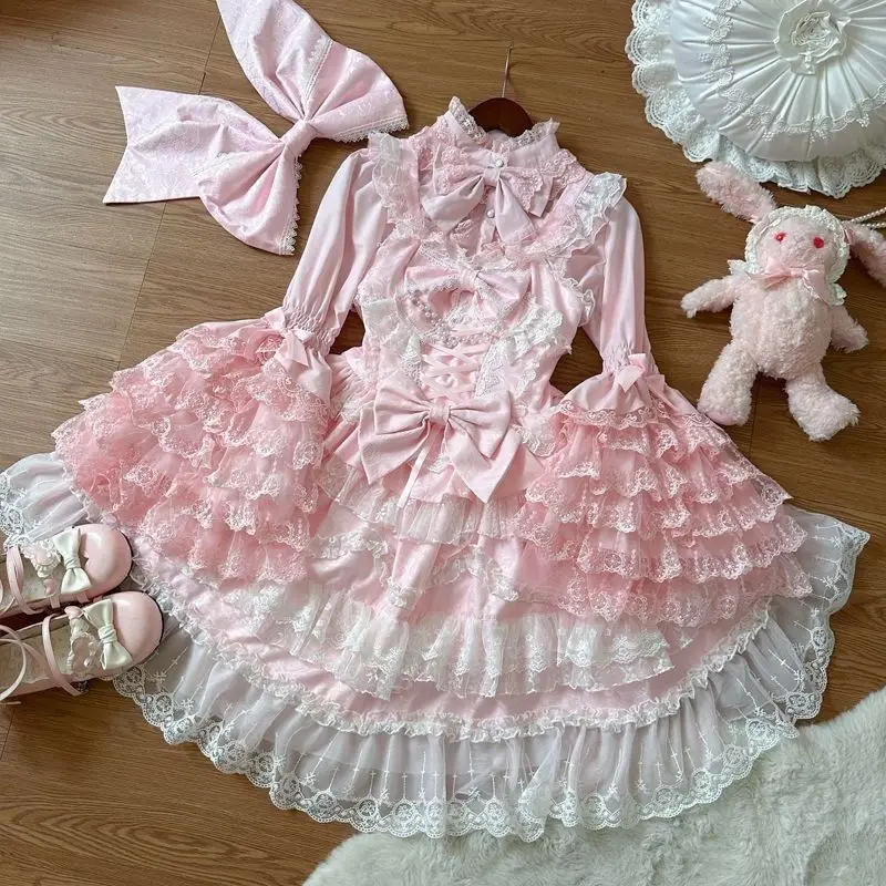 Japanese Style Lolita Strap Dress Women Sleeveless Cute Bow Lace Elegant Sweet Fairy Cosplay Party Daily Casual JSK Dresses