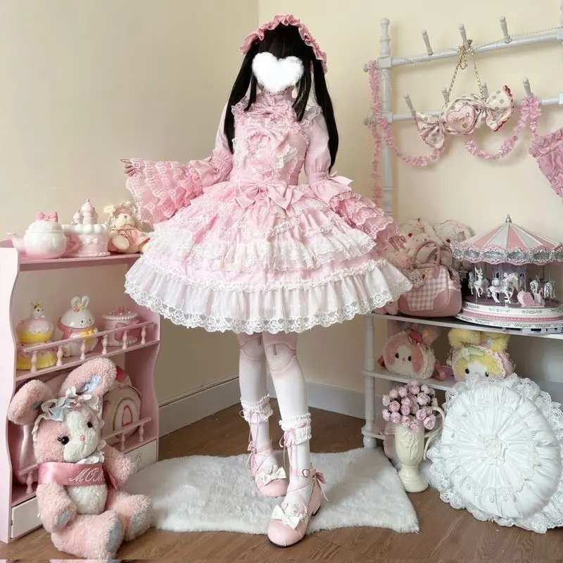 Japanese Style Lolita Strap Dress Women Sleeveless Cute Bow Lace Elegant Sweet Fairy Cosplay Party Daily Casual JSK Dresses