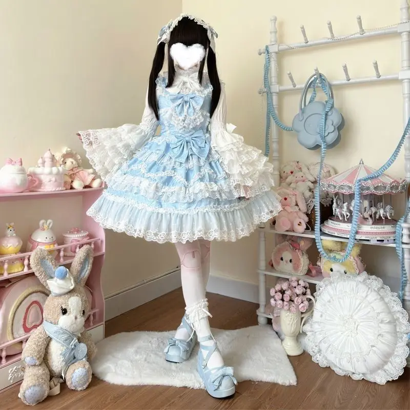 Japanese Style Lolita Strap Dress Women Sleeveless Cute Bow Lace Elegant Sweet Fairy Cosplay Party Daily Casual JSK Dresses