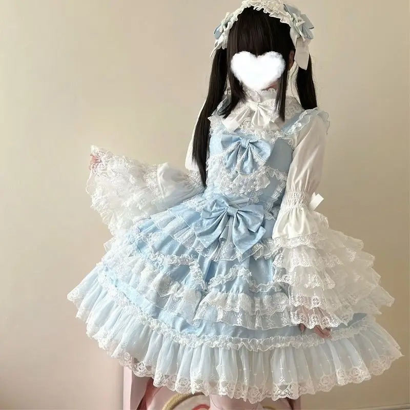 Japanese Style Lolita Strap Dress Women Sleeveless Cute Bow Lace Elegant Sweet Fairy Cosplay Party Daily Casual JSK Dresses