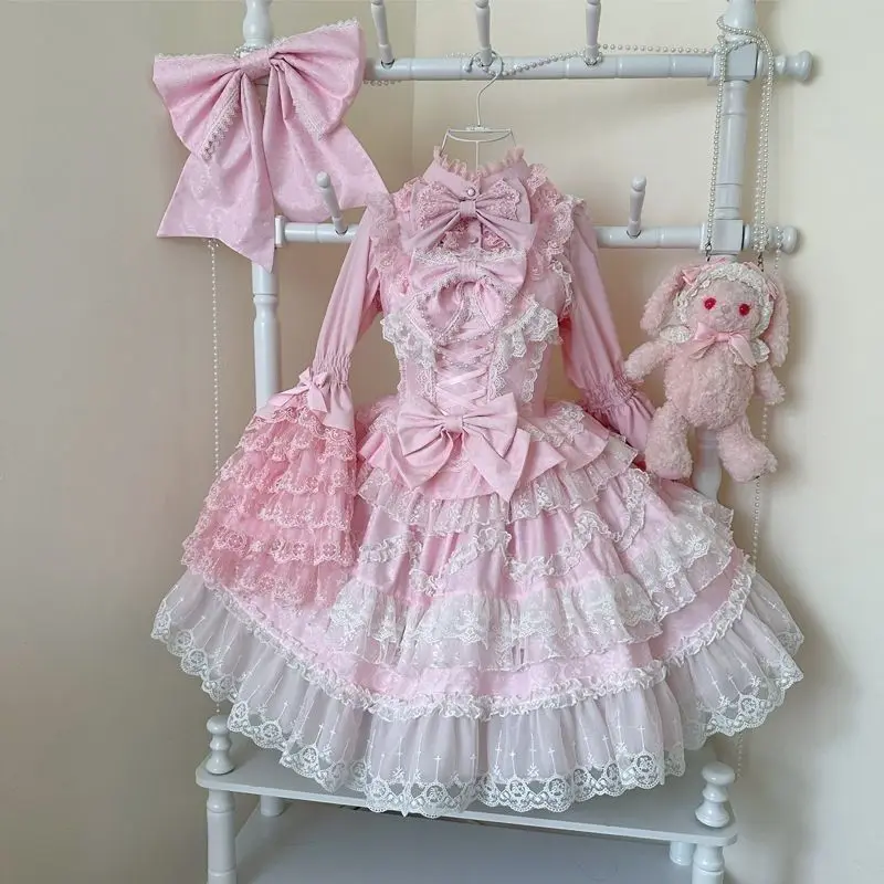Japanese Style Lolita Strap Dress Women Sleeveless Cute Bow Lace Elegant Sweet Fairy Cosplay Party Daily Casual JSK Dresses