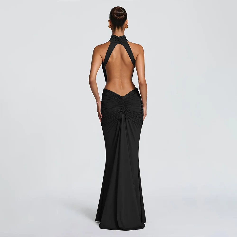 Elegant Brown Long Dress Women's Luxury Turtleneck Female Backless Black Party Casual Evening Dresses Wedding Guest Orange Gowns