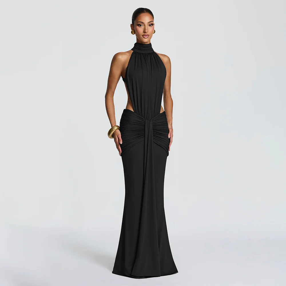 Elegant Brown Long Dress Women's Luxury Turtleneck Female Backless Black Party Casual Evening Dresses Wedding Guest Orange Gowns