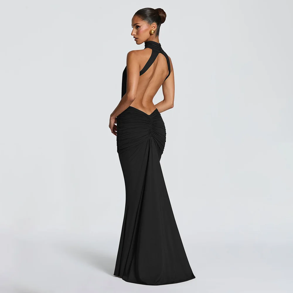 Elegant Brown Long Dress Women's Luxury Turtleneck Female Backless Black Party Casual Evening Dresses Wedding Guest Orange Gowns