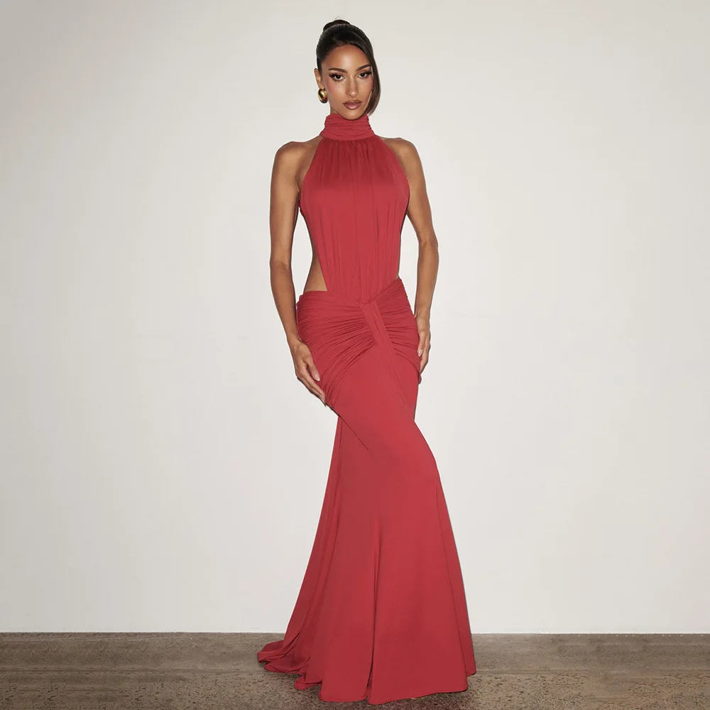 Elegant Brown Long Dress Women's Luxury Turtleneck Female Backless Black Party Casual Evening Dresses Wedding Guest Orange Gowns