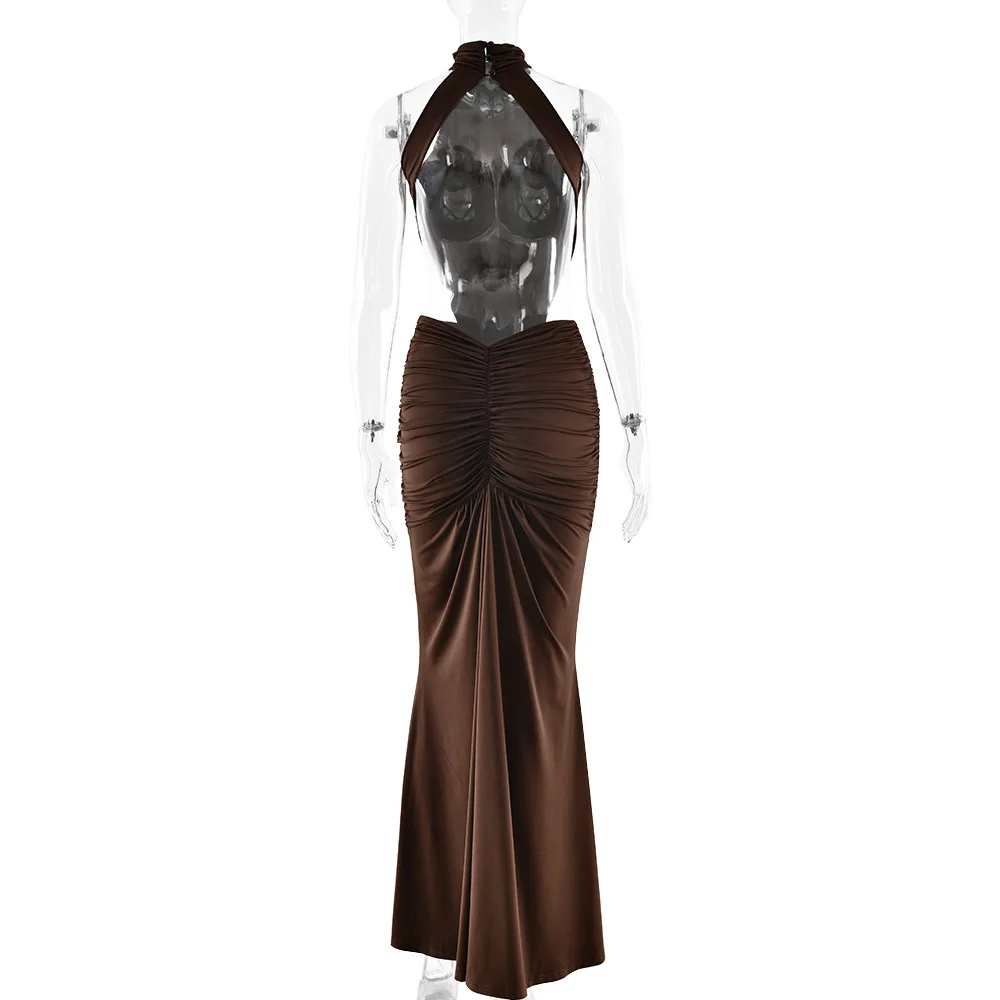 Elegant Brown Long Dress Women's Luxury Turtleneck Female Backless Black Party Casual Evening Dresses Wedding Guest Orange Gowns