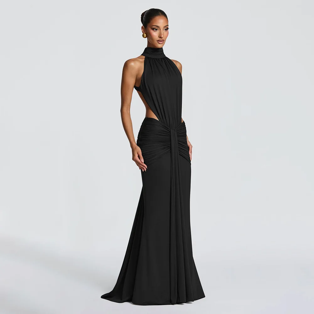 Elegant Brown Long Dress Women's Luxury Turtleneck Female Backless Black Party Casual Evening Dresses Wedding Guest Orange Gowns