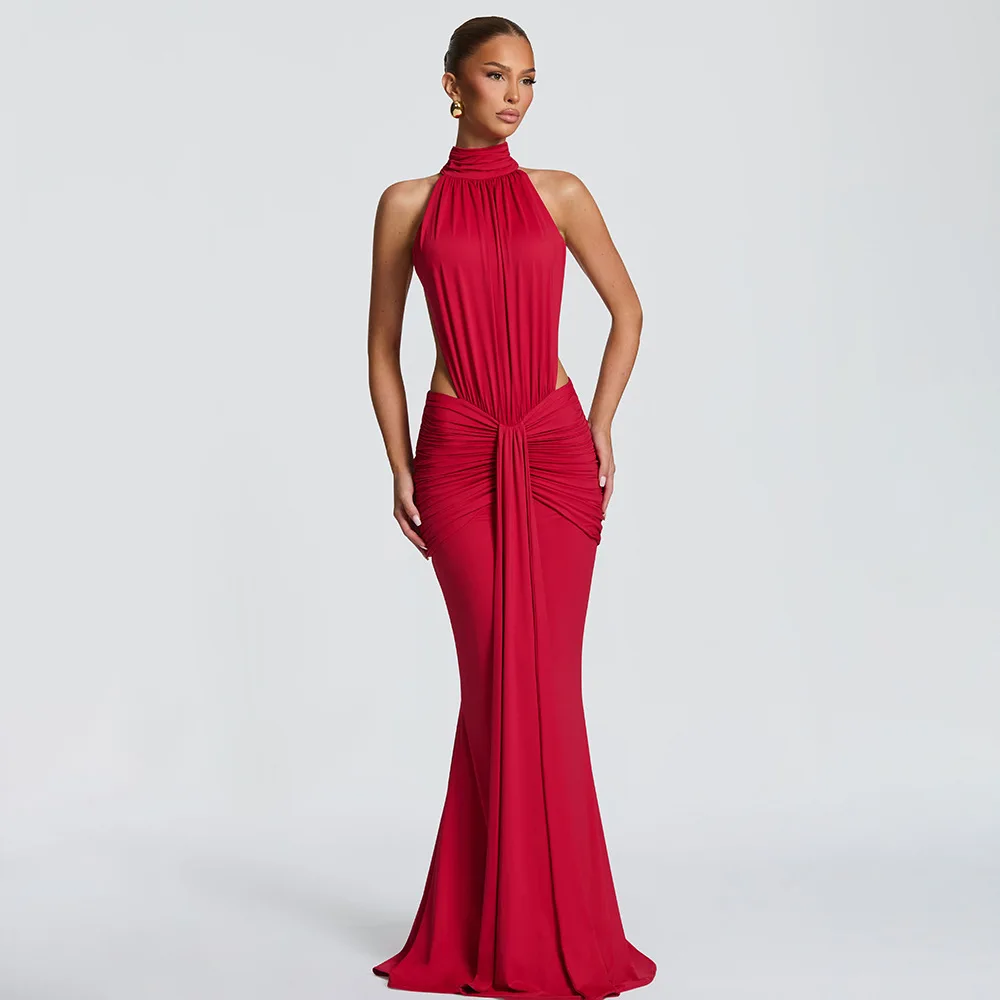 Elegant Brown Long Dress Women's Luxury Turtleneck Female Backless Black Party Casual Evening Dresses Wedding Guest Orange Gowns