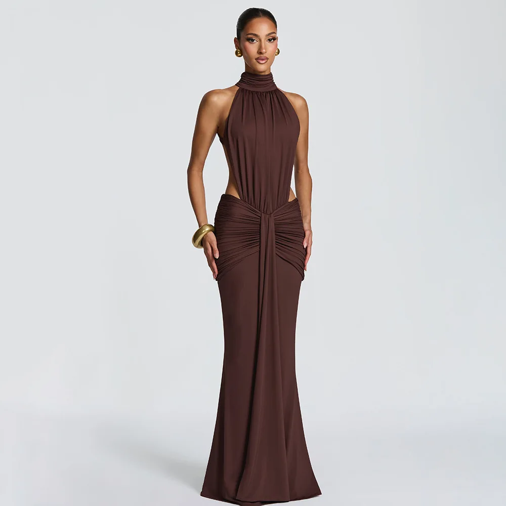 Elegant Brown Long Dress Women's Luxury Turtleneck Female Backless Black Party Casual Evening Dresses Wedding Guest Orange Gowns