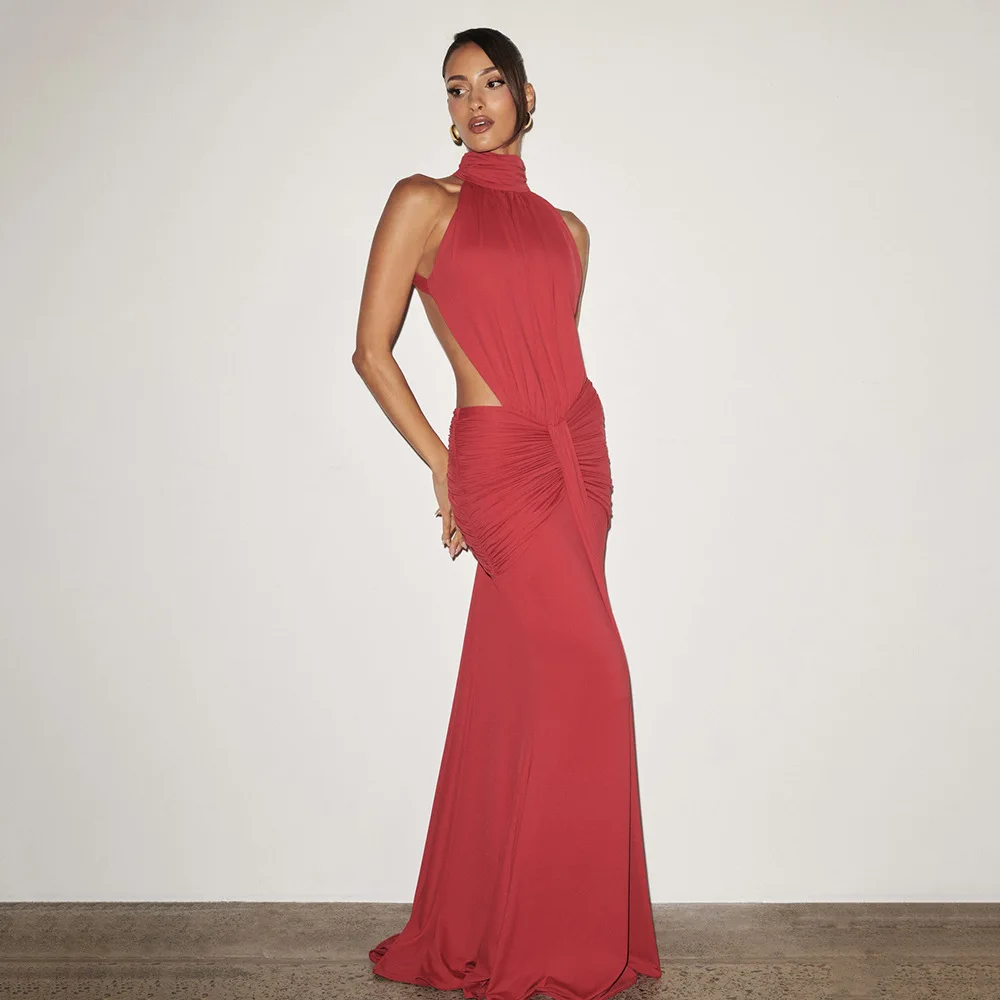 Elegant Brown Long Dress Women's Luxury Turtleneck Female Backless Black Party Casual Evening Dresses Wedding Guest Orange Gowns