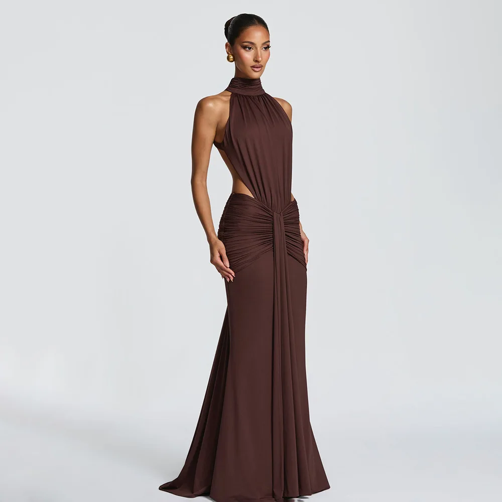 Elegant Brown Long Dress Women's Luxury Turtleneck Female Backless Black Party Casual Evening Dresses Wedding Guest Orange Gowns