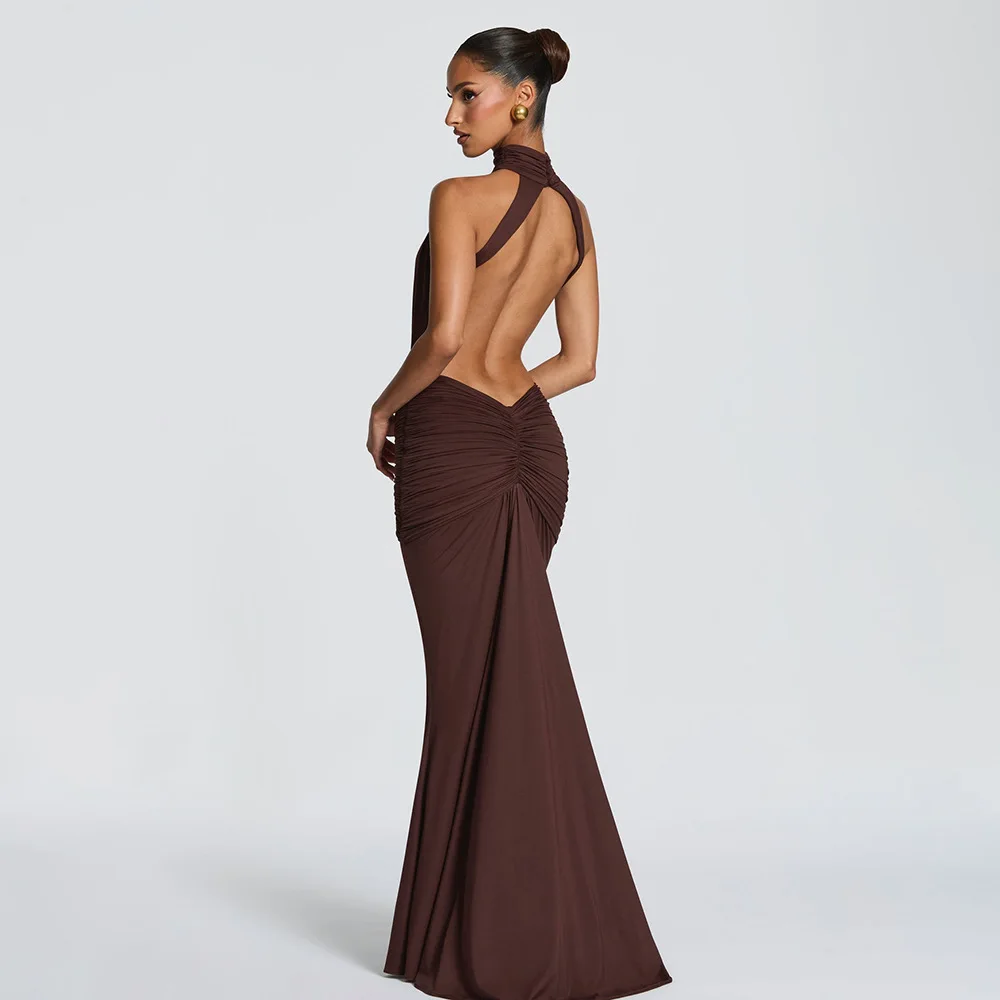 Elegant Brown Long Dress Women's Luxury Turtleneck Female Backless Black Party Casual Evening Dresses Wedding Guest Orange Gowns