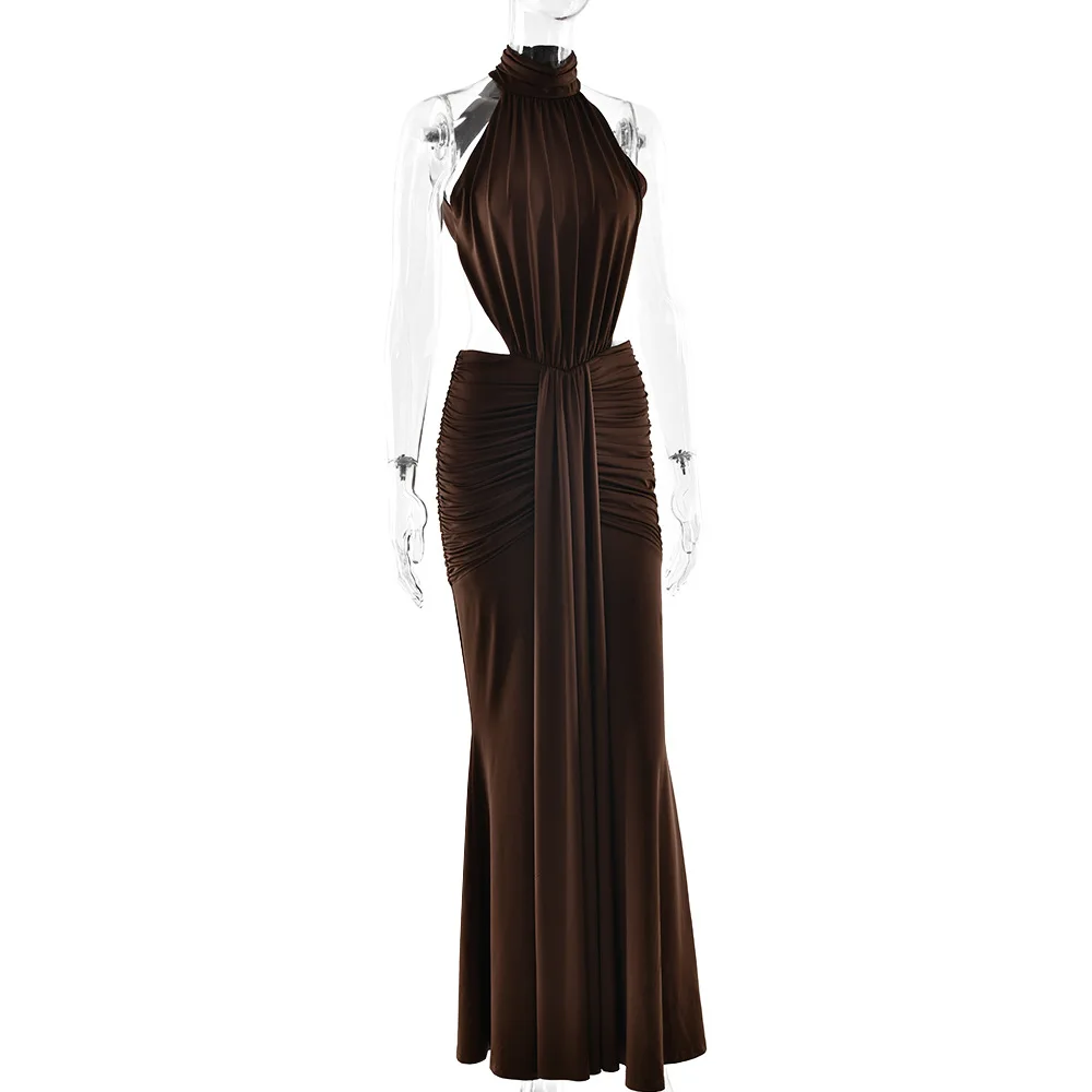 Elegant Brown Long Dress Women's Luxury Turtleneck Female Backless Black Party Casual Evening Dresses Wedding Guest Orange Gowns